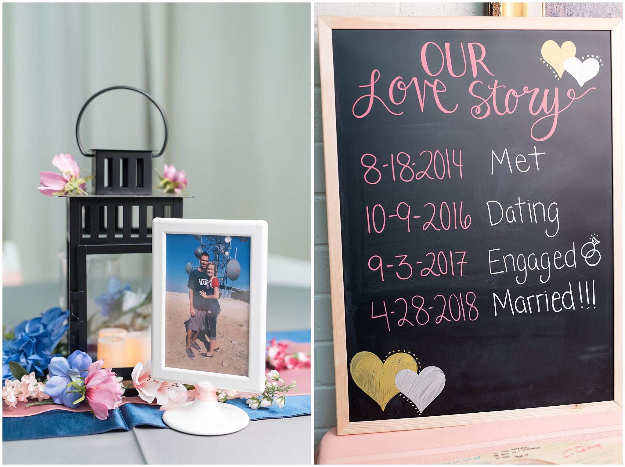 Salt Lake LDS wedding reception | chalk board and lantern centerpiece | coral and grey wedding