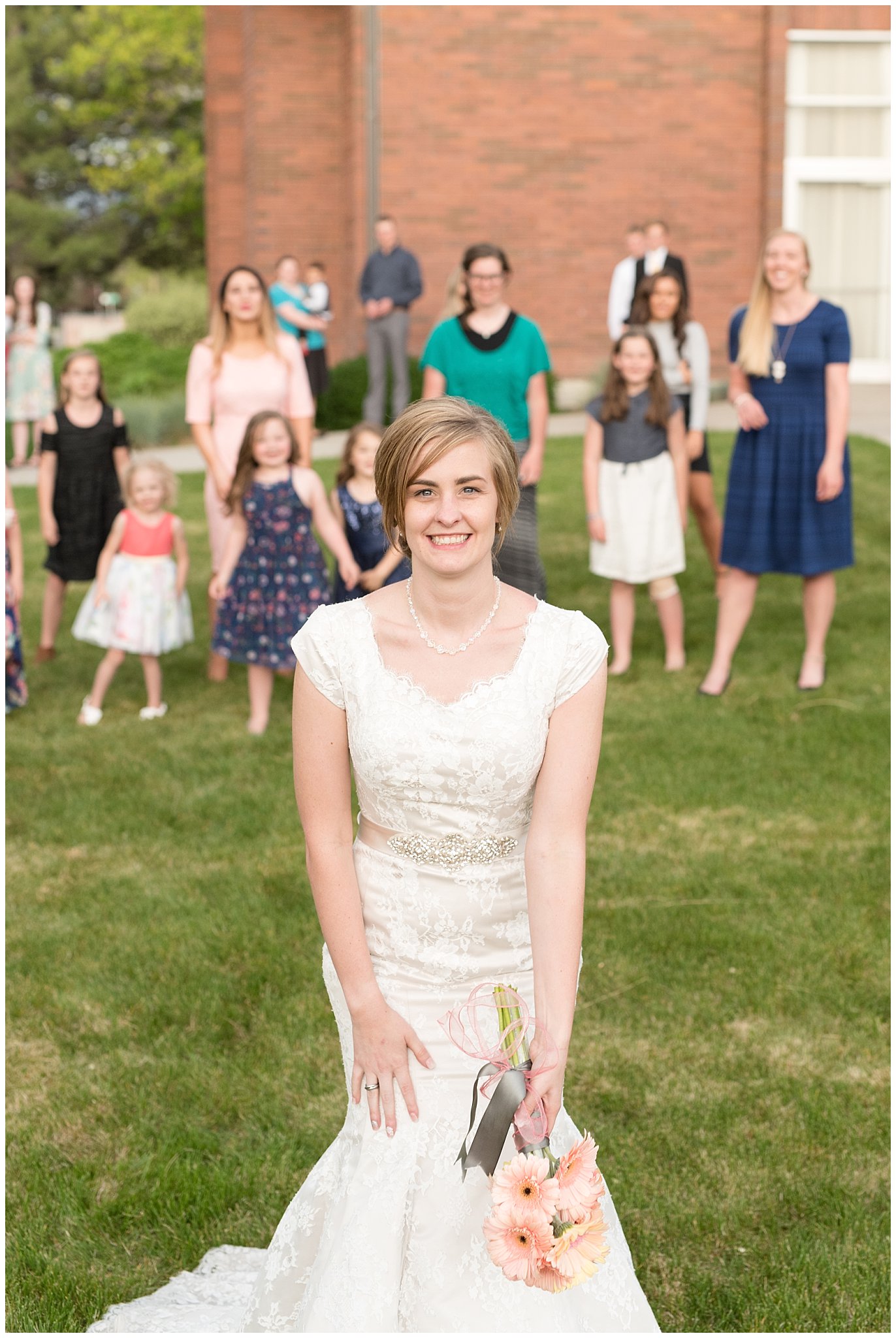 Salt Lake LDS wedding reception | Bouquet toss | Coral and grey wedding