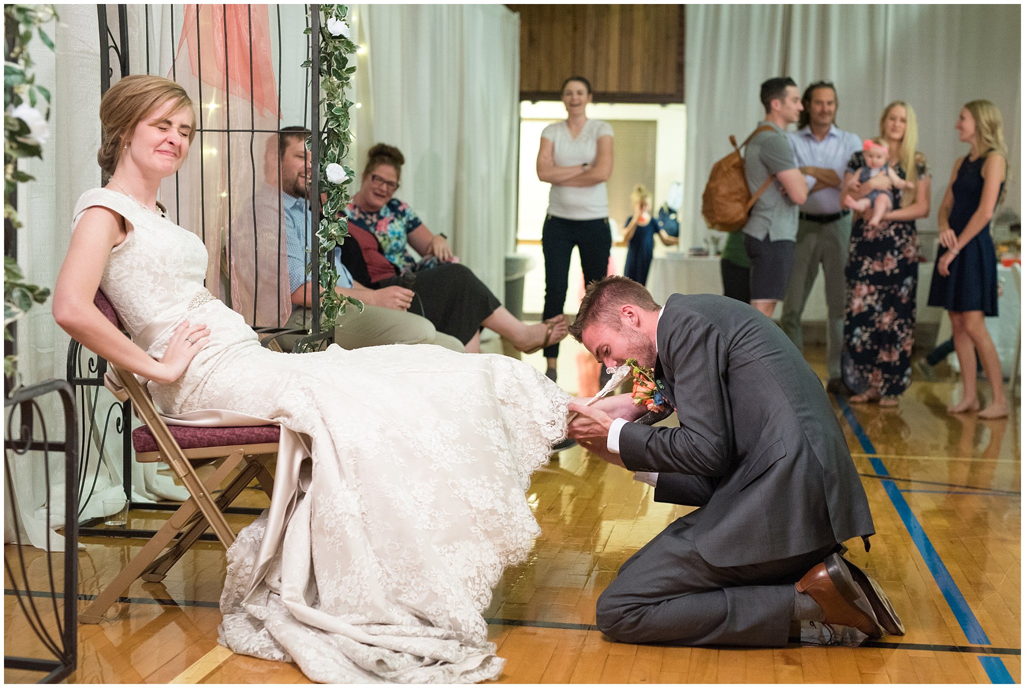 Salt Lake LDS wedding reception | Garter toss | Coral and grey wedding