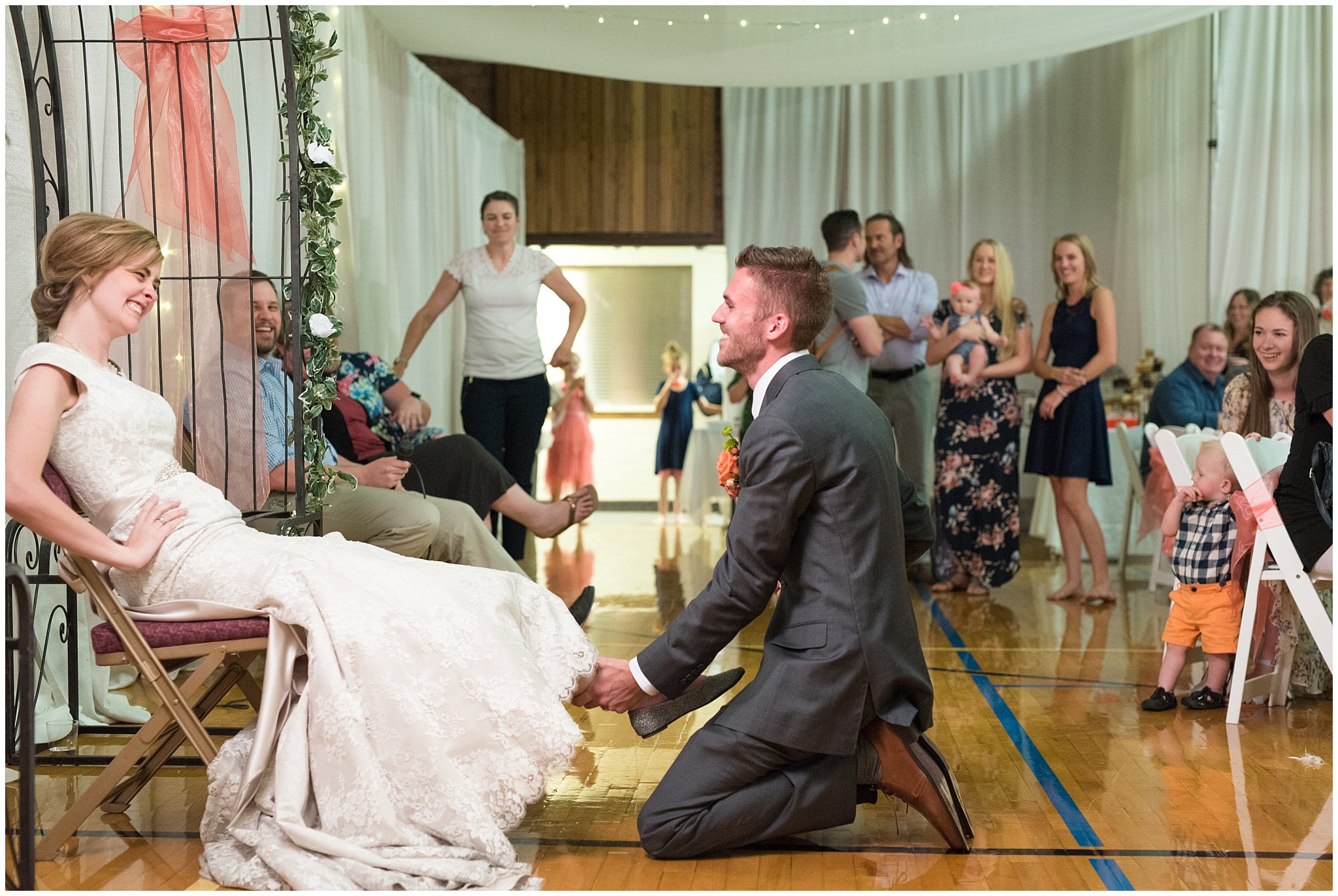 Salt Lake LDS wedding reception | Garter toss | Coral and grey wedding