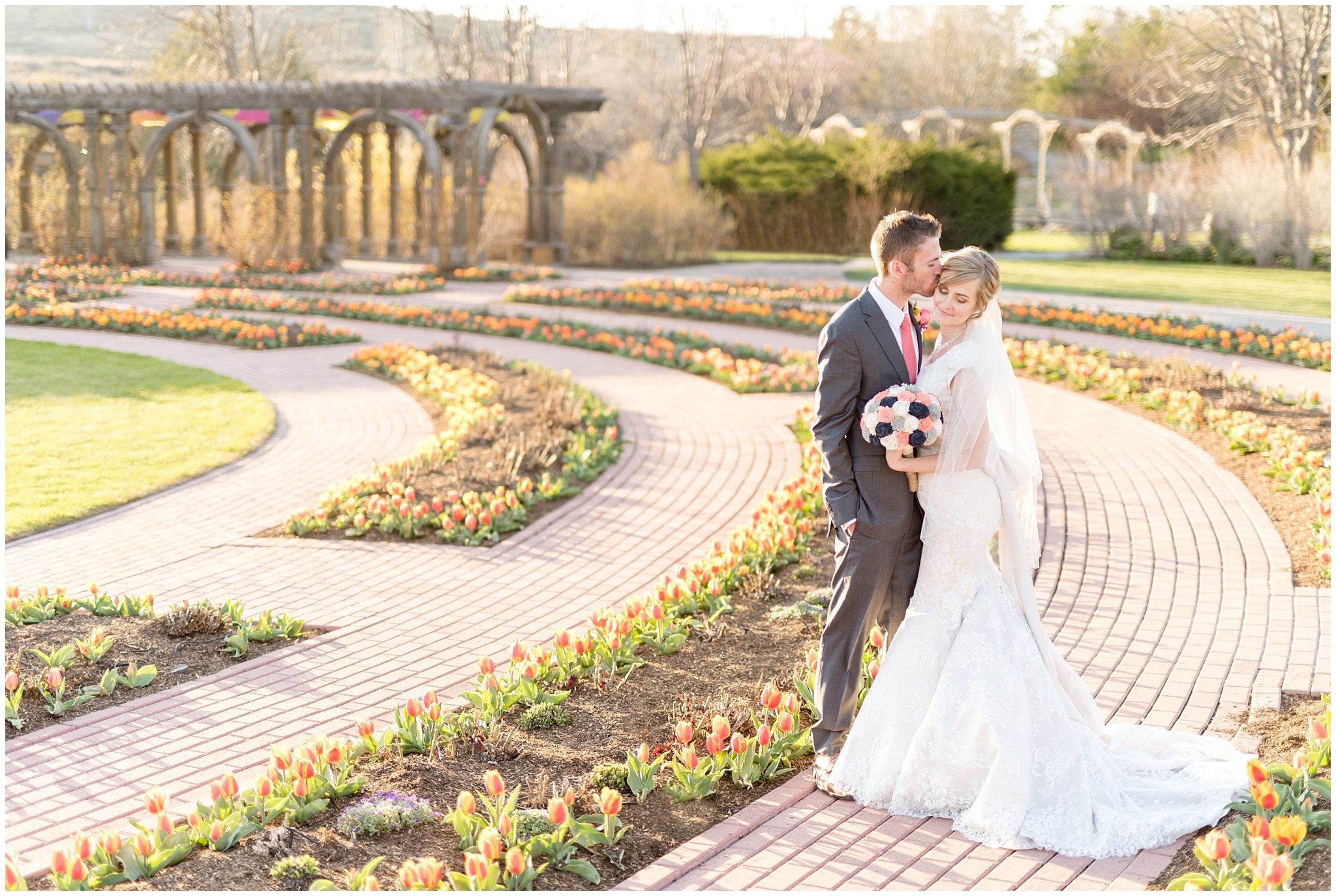 Thanksgiving Point Wedding | Spring Bride and Groom portrait with tulips | Garden Wedding Photography