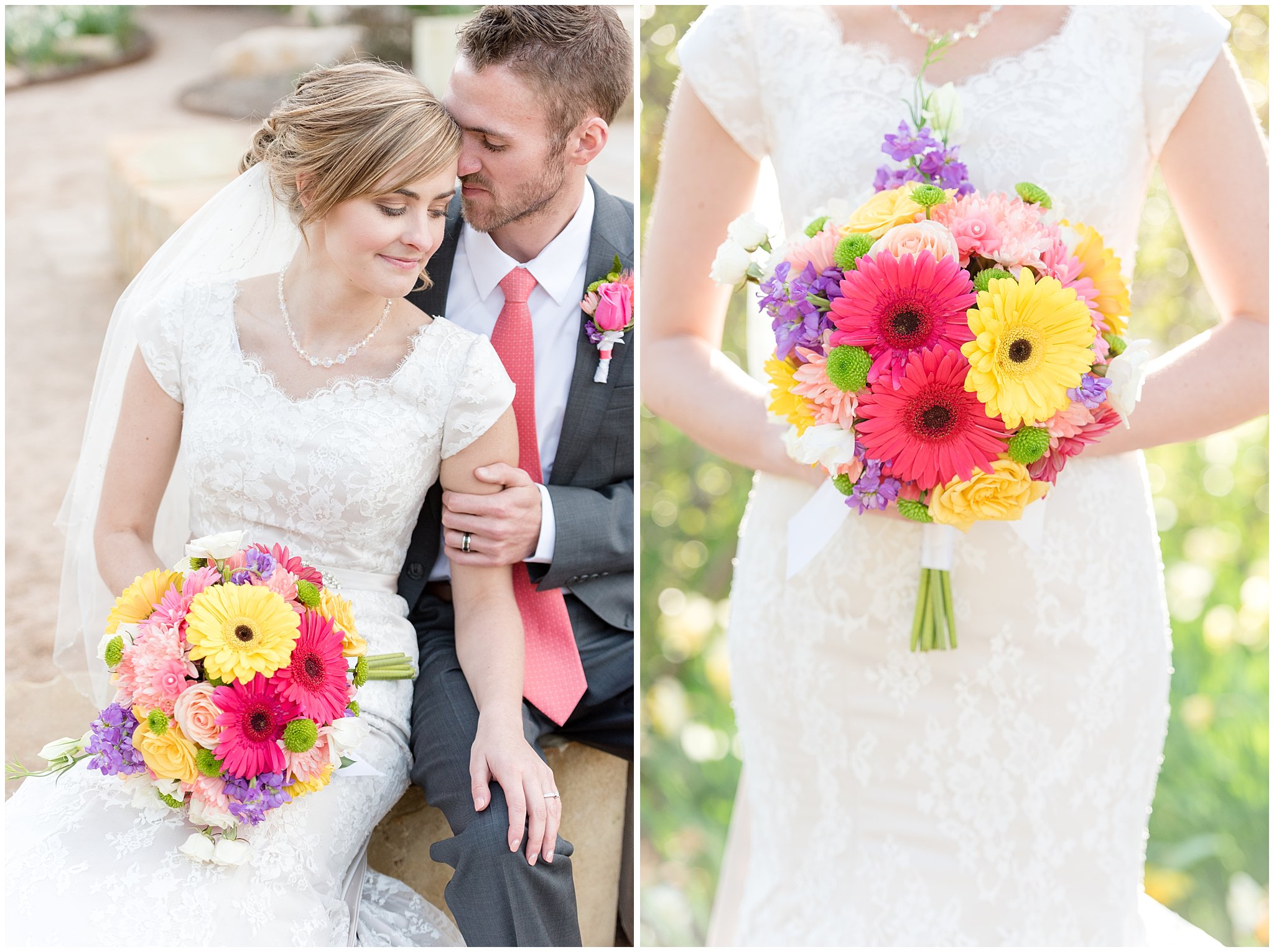 Thanksgiving Point Wedding | Spring Bride and Groom portraits | Garden Wedding Photography | Bright colored bouquet