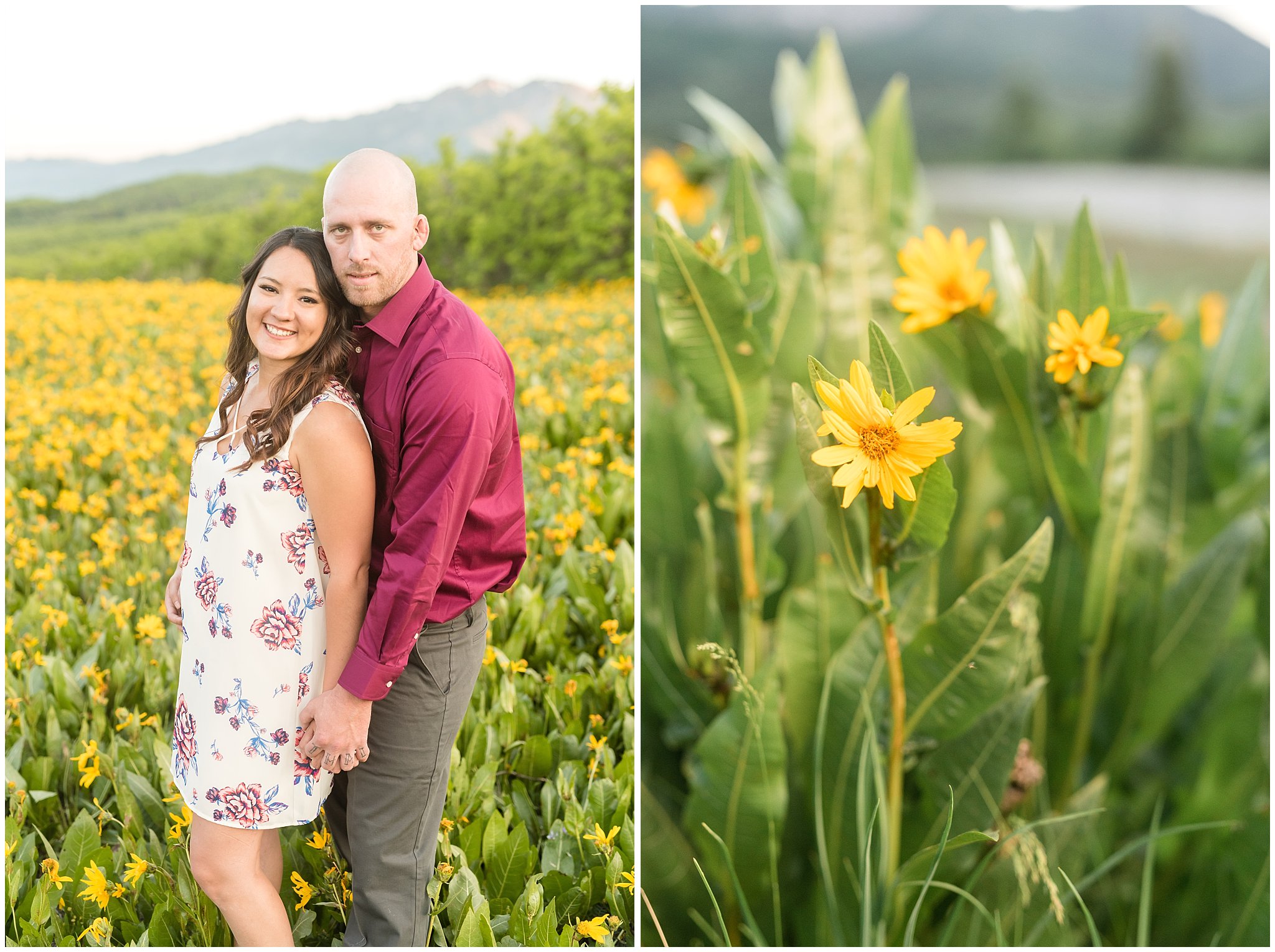 Couple's romantic engagement session in the mountains with wildflowers and sunflowers | Snowbasin Utah Engagements