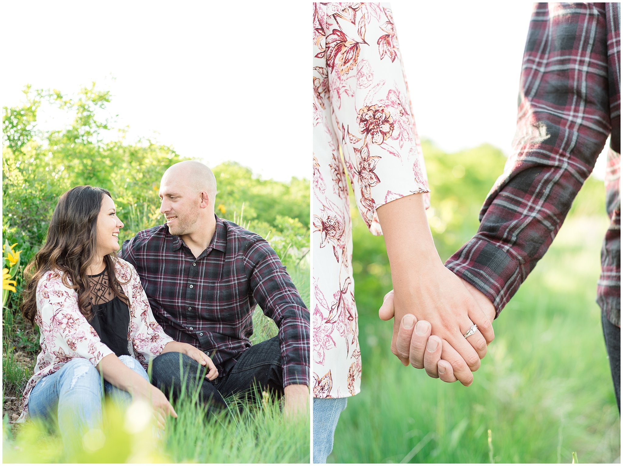 Details shot during engagement session with mountains in the background and wildflowers | Snowbasin Utah Engagements