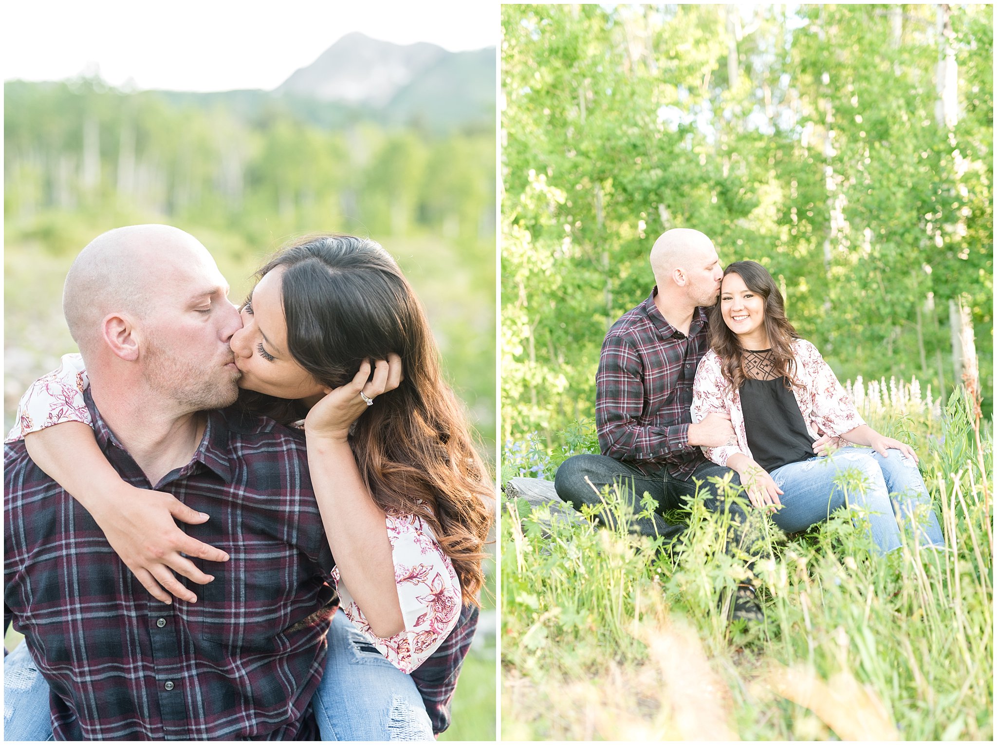 Couple candid moments in the Aspen Trees and wildflowers during engagement session | Snowbasin Utah Engagements