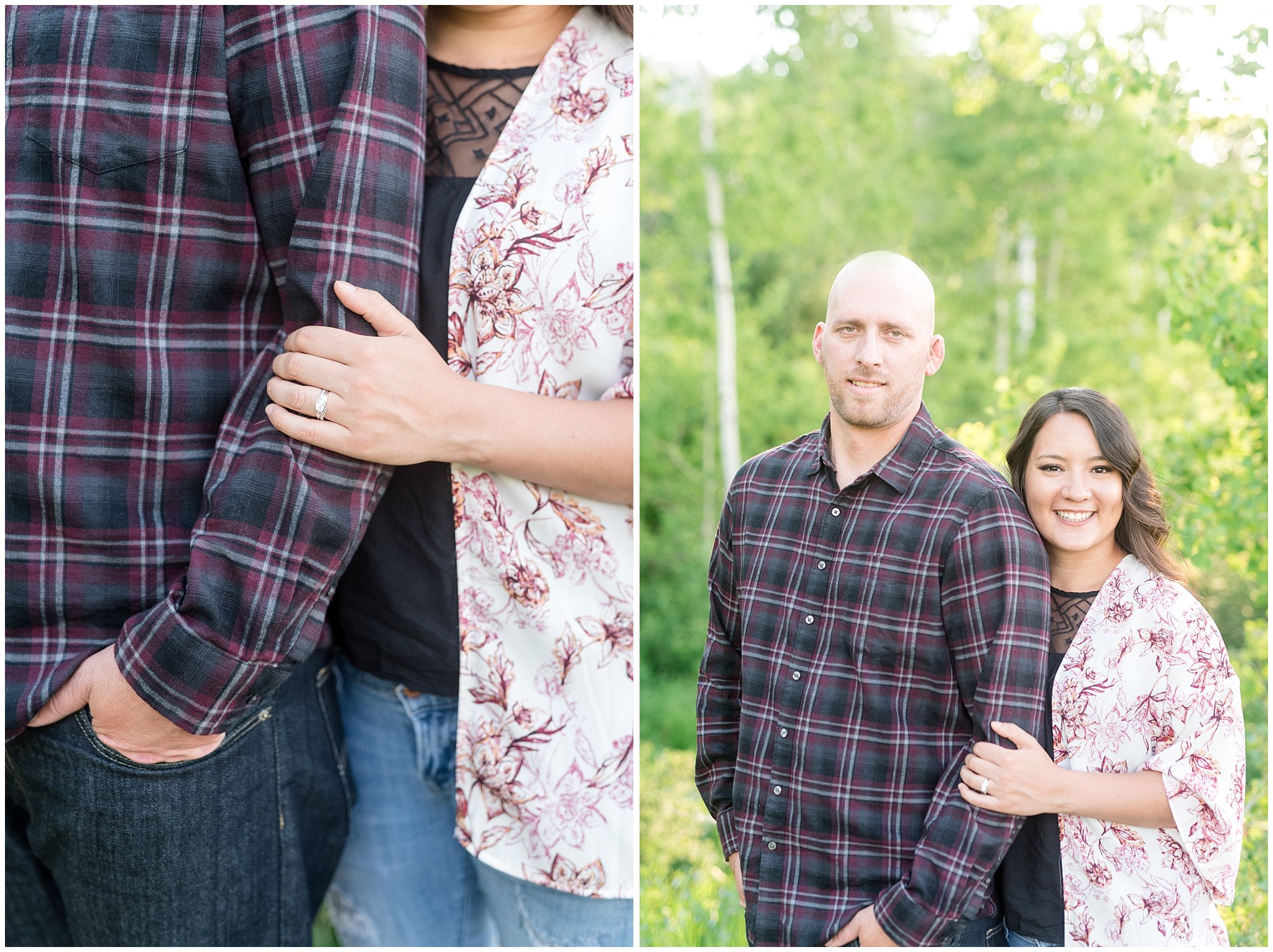 Couple and details in the Aspen Trees and wildflowers during engagement session | Snowbasin Utah Engagements