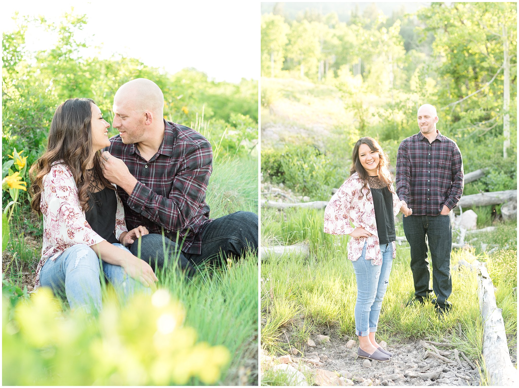 Candid couple pictures in the Aspen Trees and wildflowers during engagement session | Snowbasin Utah Engagements