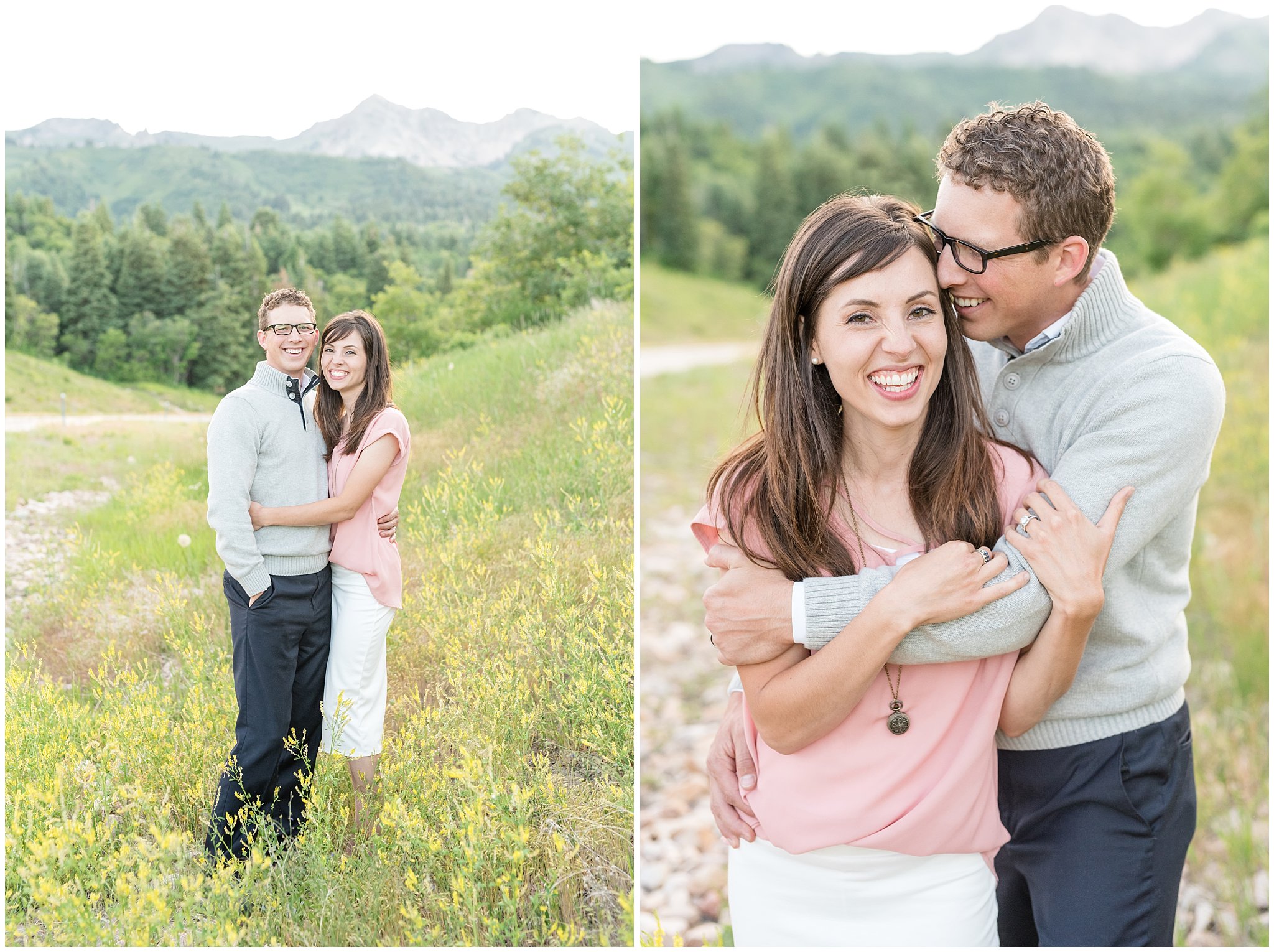 Joyful couple candid pictures with mountains behind them | Utah couples photography at Snowbasin