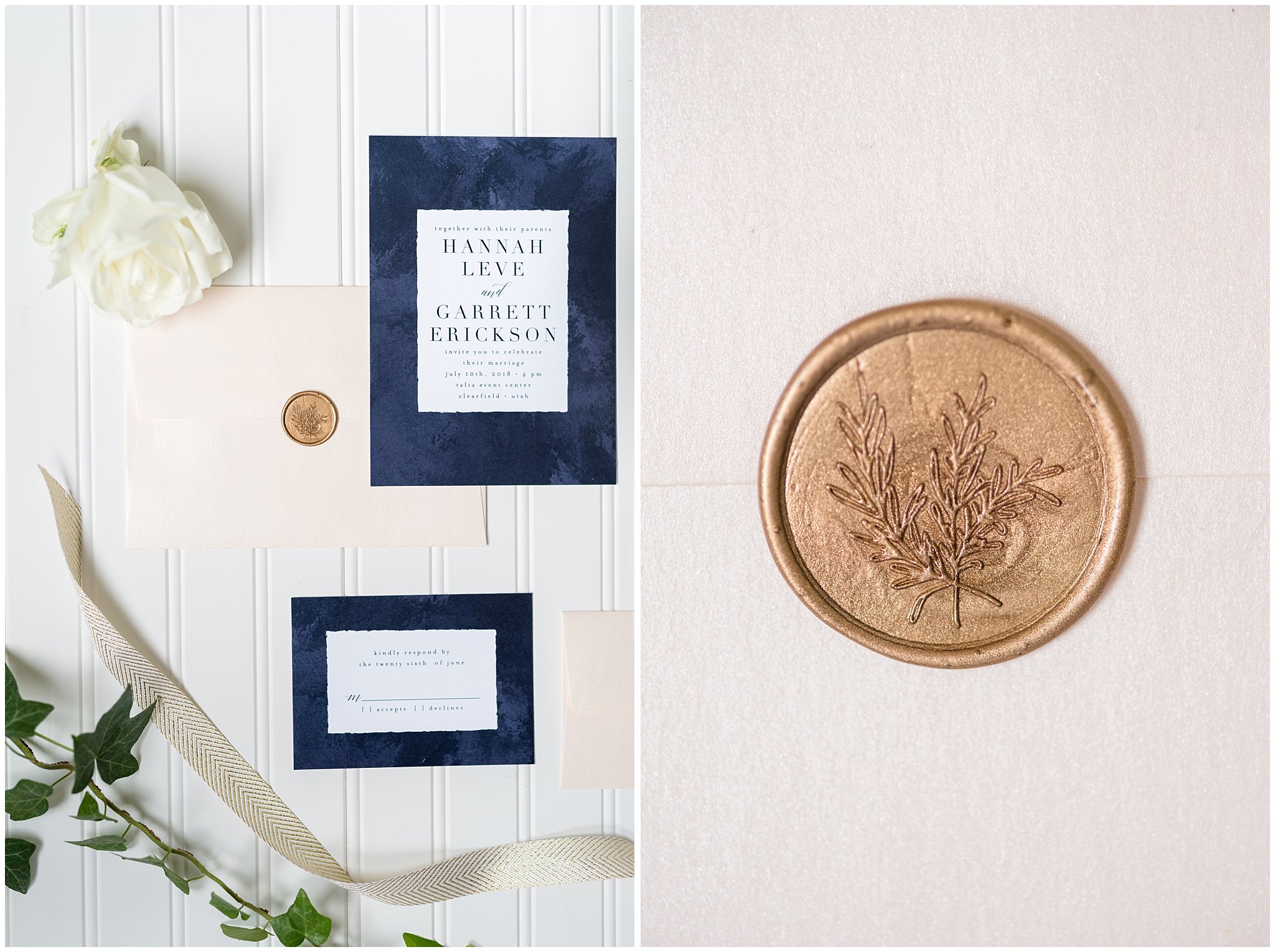 navy, white and gold invitation suite with wax sealed envelope | Talia Event Center