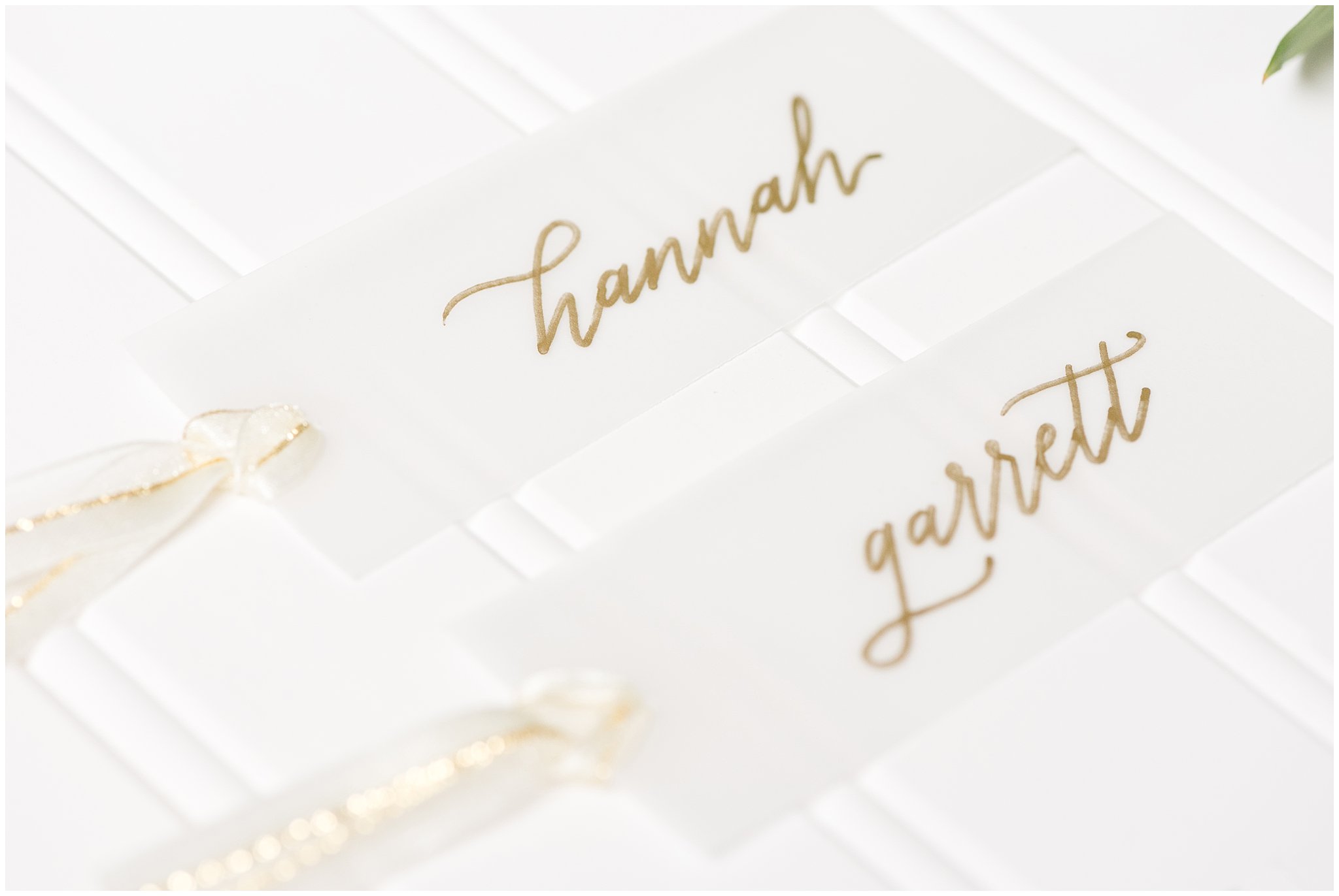 gold calligraphy place setting tags | Talia Event Center