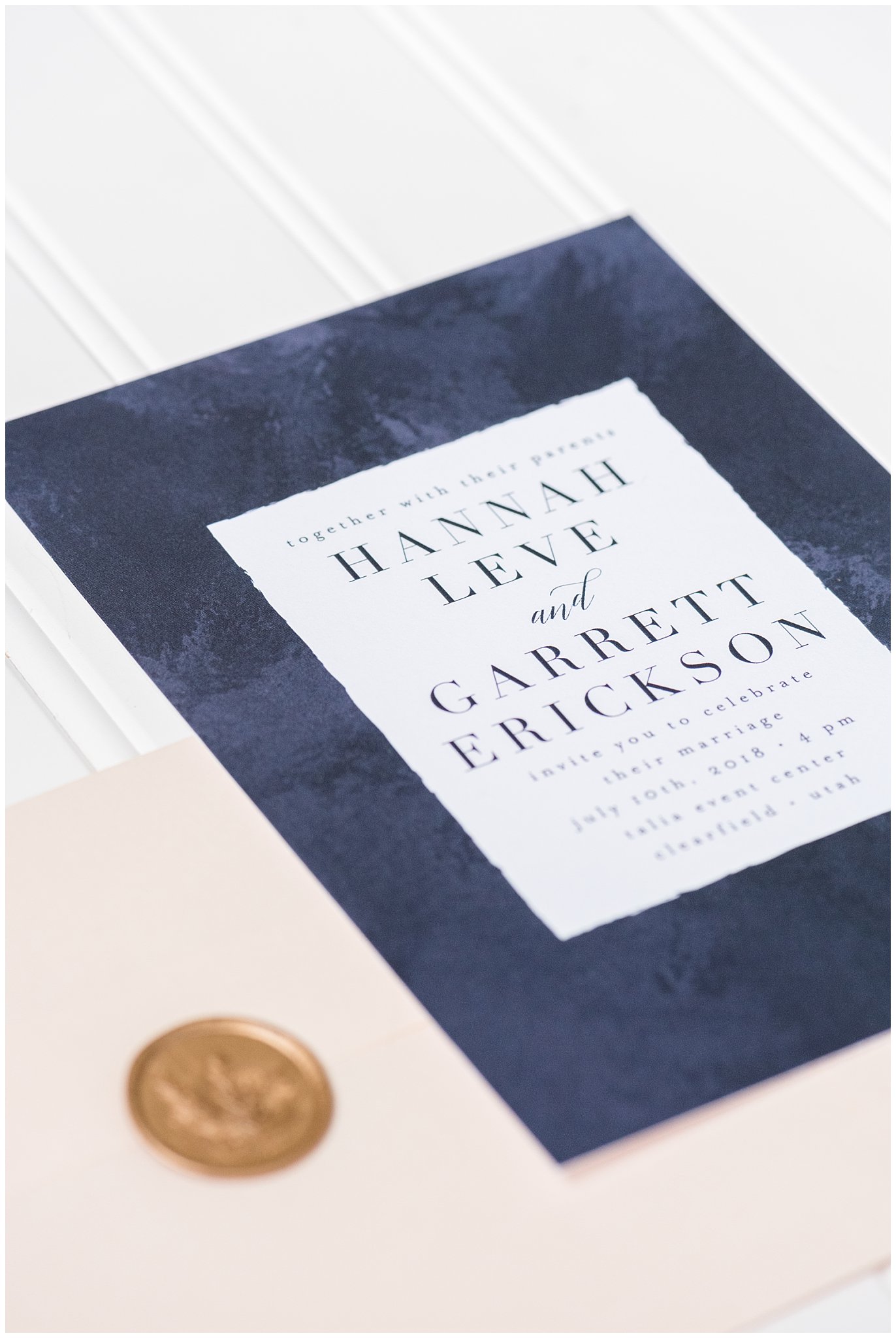 navy, white and gold invitation suite with wax sealed envelope | Talia Event Center