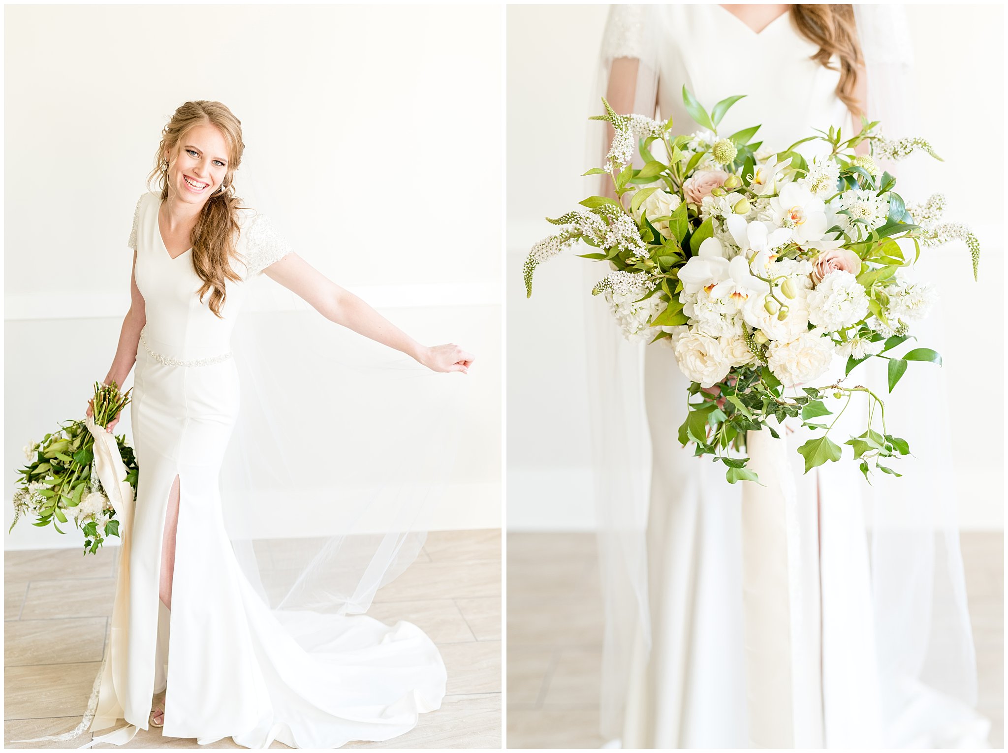 Bright and joyful laughing bridal shot with veil and bouquet | Talia Event Center