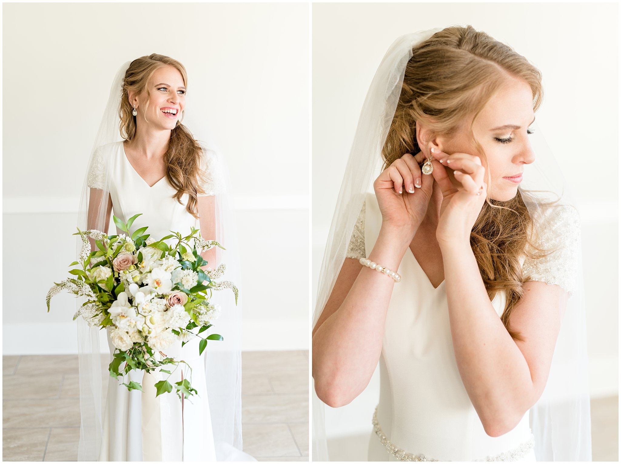 Bright and joyful laughing bridal shot and adjusting earring | Talia Event Center