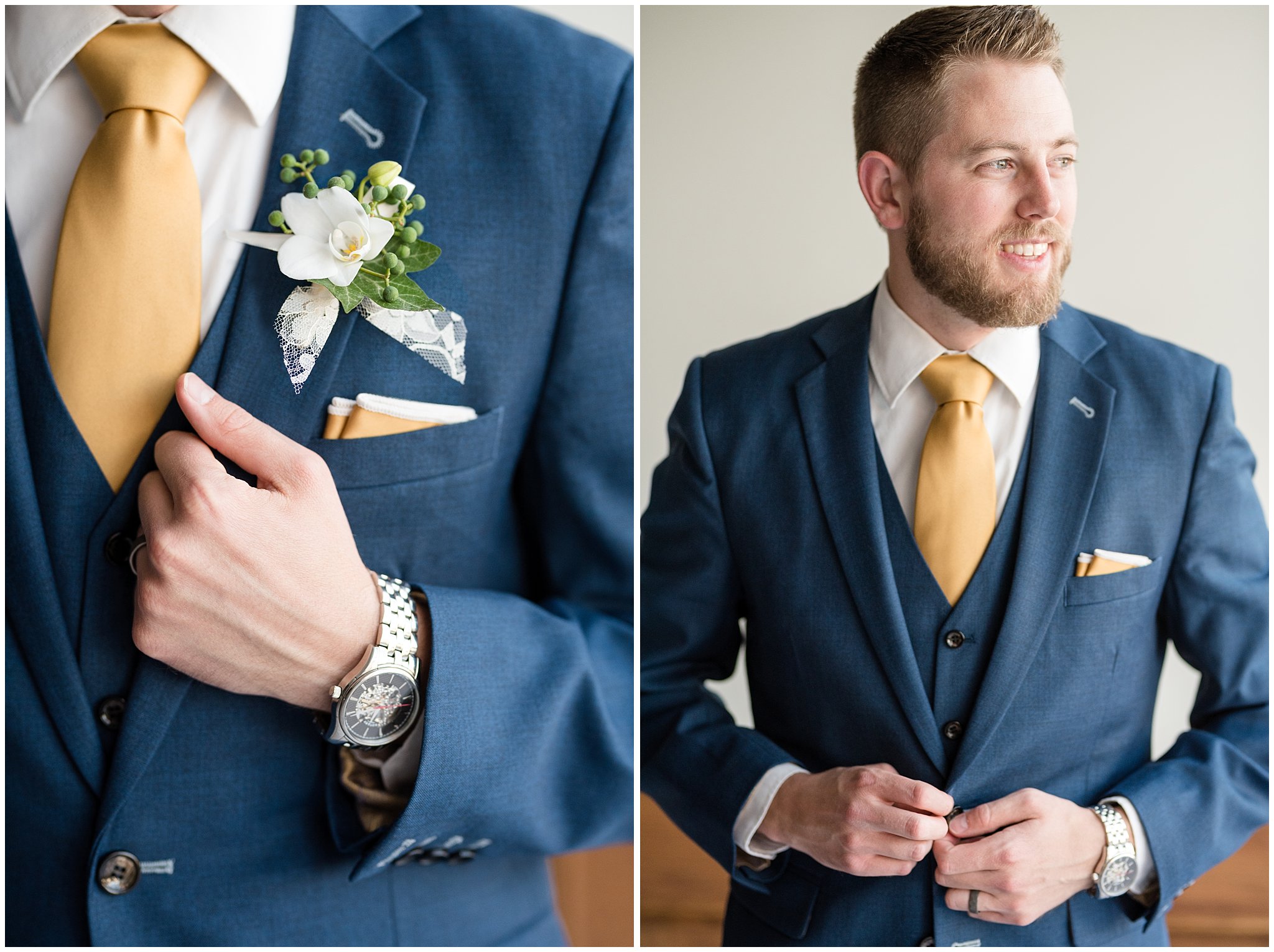 Groom before the wedding | Navy and gold suit with vest | detail shot of boutonniere | Talia Event Center
