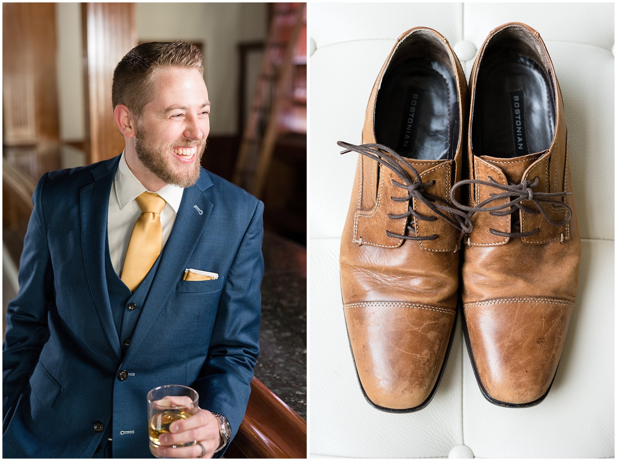Groom in navy and gold suit with vest standing at a vintage bar | Detail of groom's brown leather shoes | Talia Event Center