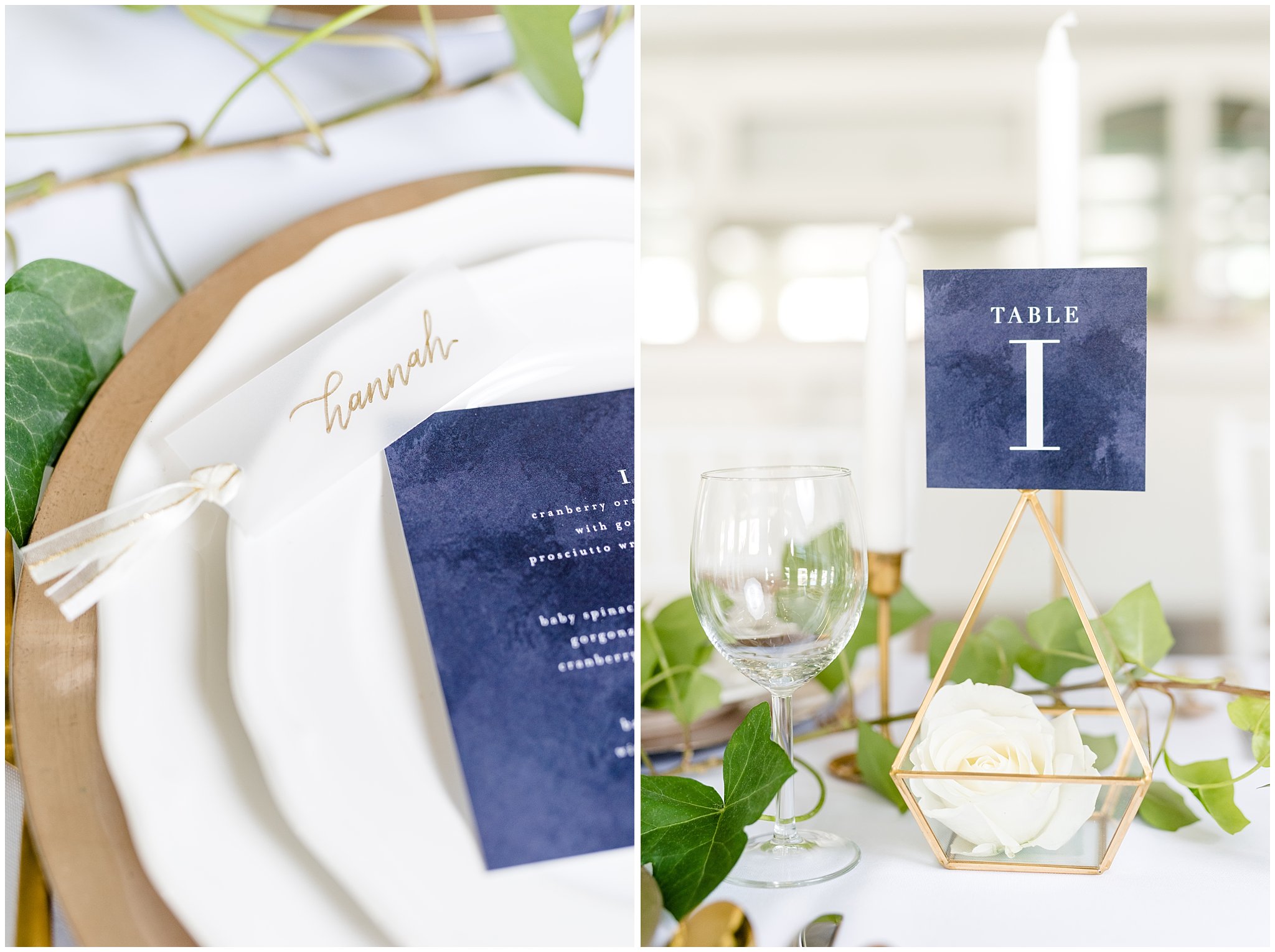 Table setting with table setting cards and table sign | gold, navy and white wedding | Talia Event Center