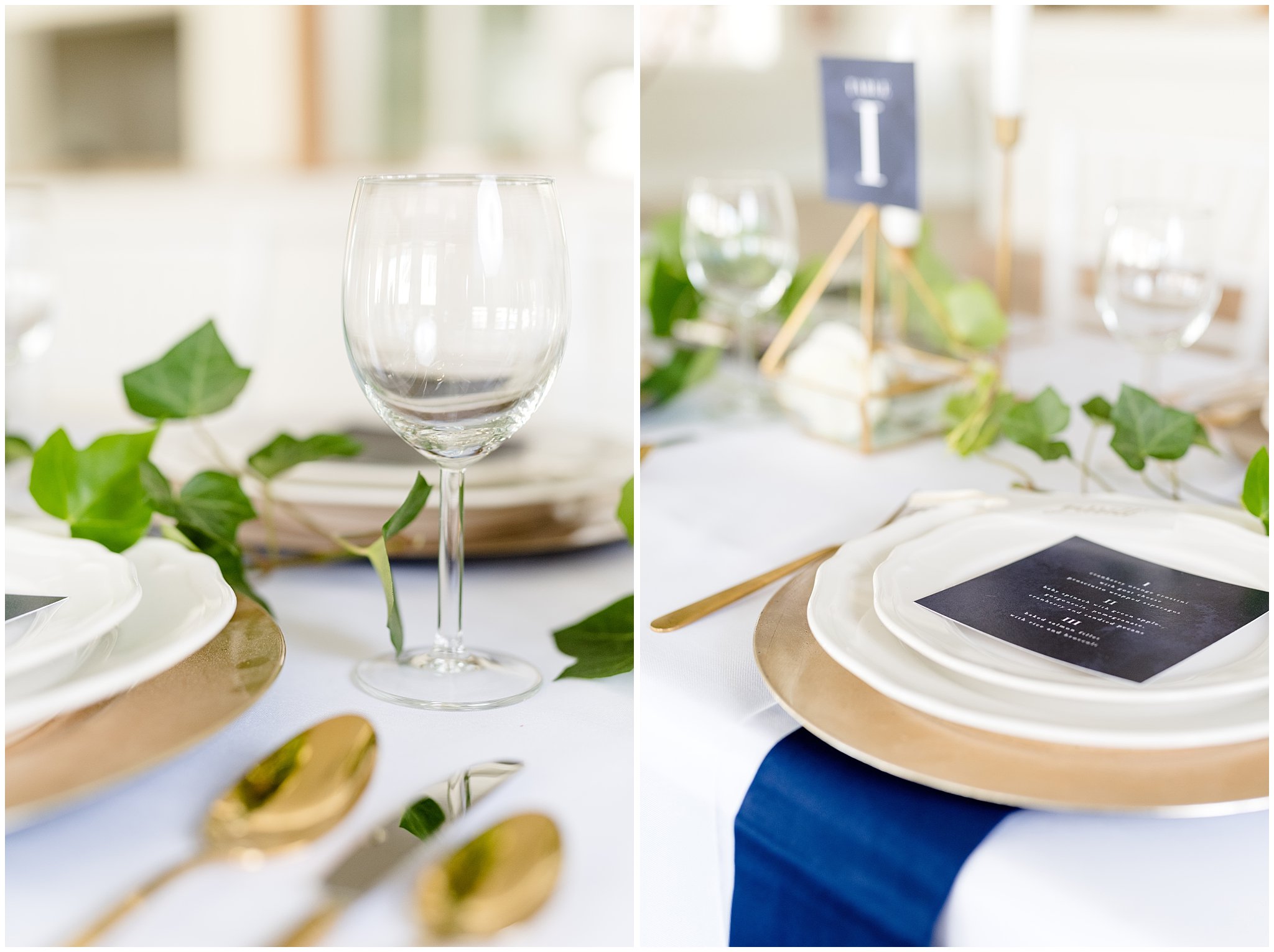 glasses, tableware | gold, navy and white wedding | Talia Event Center