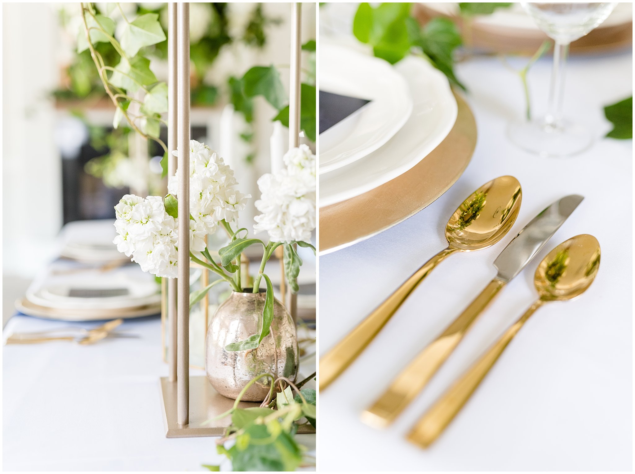 white and green florals and gold tableware | gold, navy and white wedding | Talia Event Center