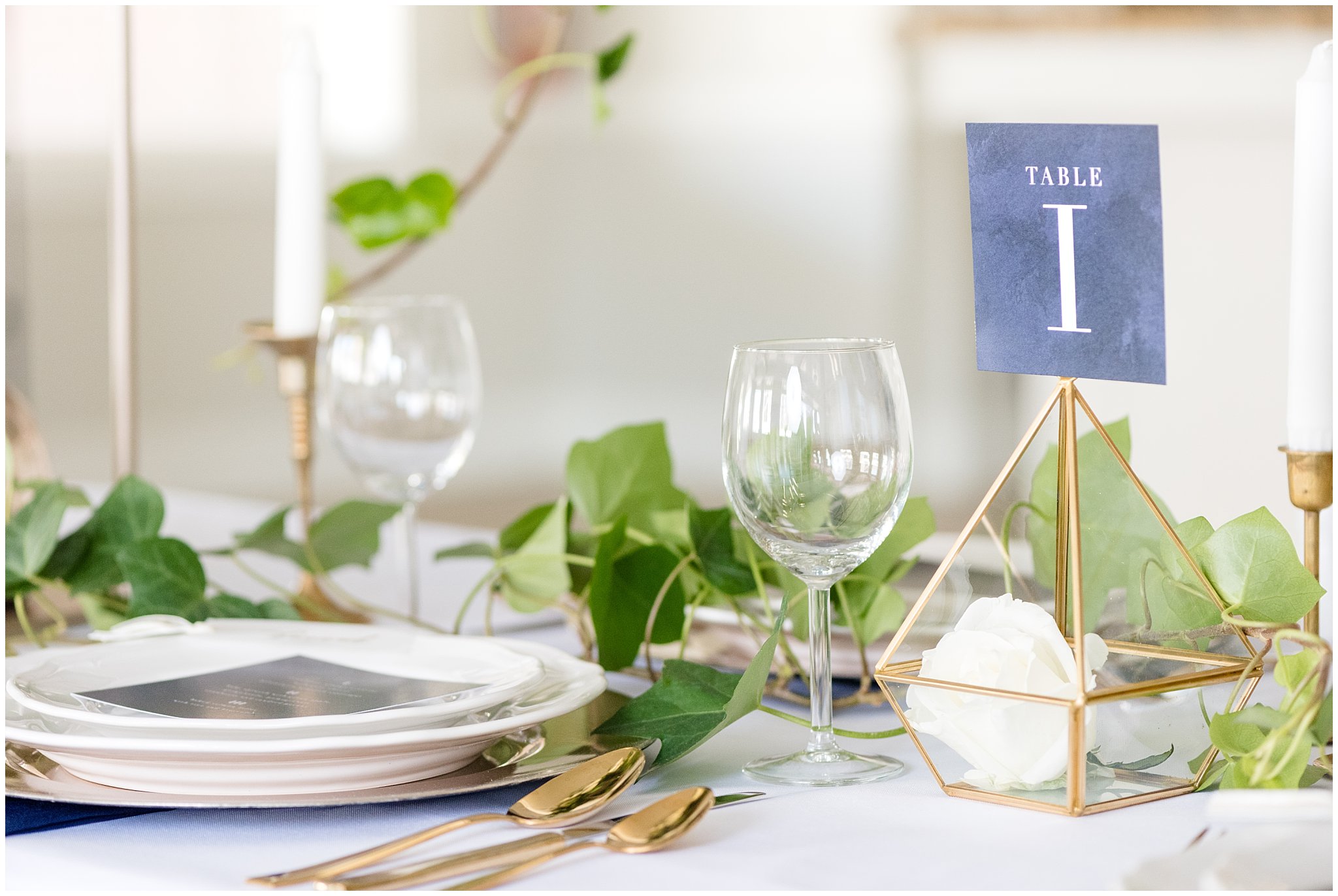 Elegant table setting | gold, navy and white wedding | Talia Event Center