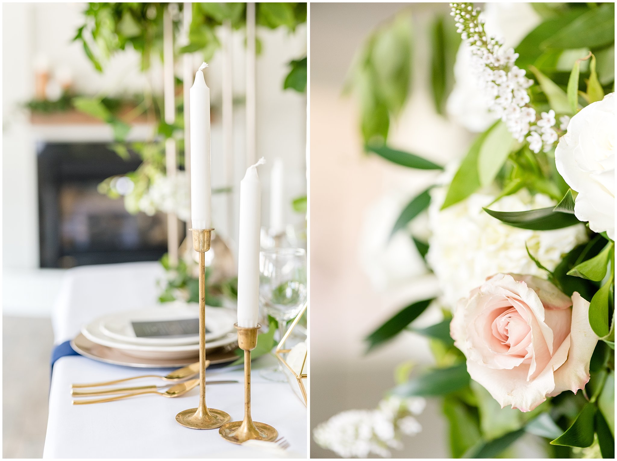 Golden candles and blush roses | gold, navy and white wedding | Talia Event Center