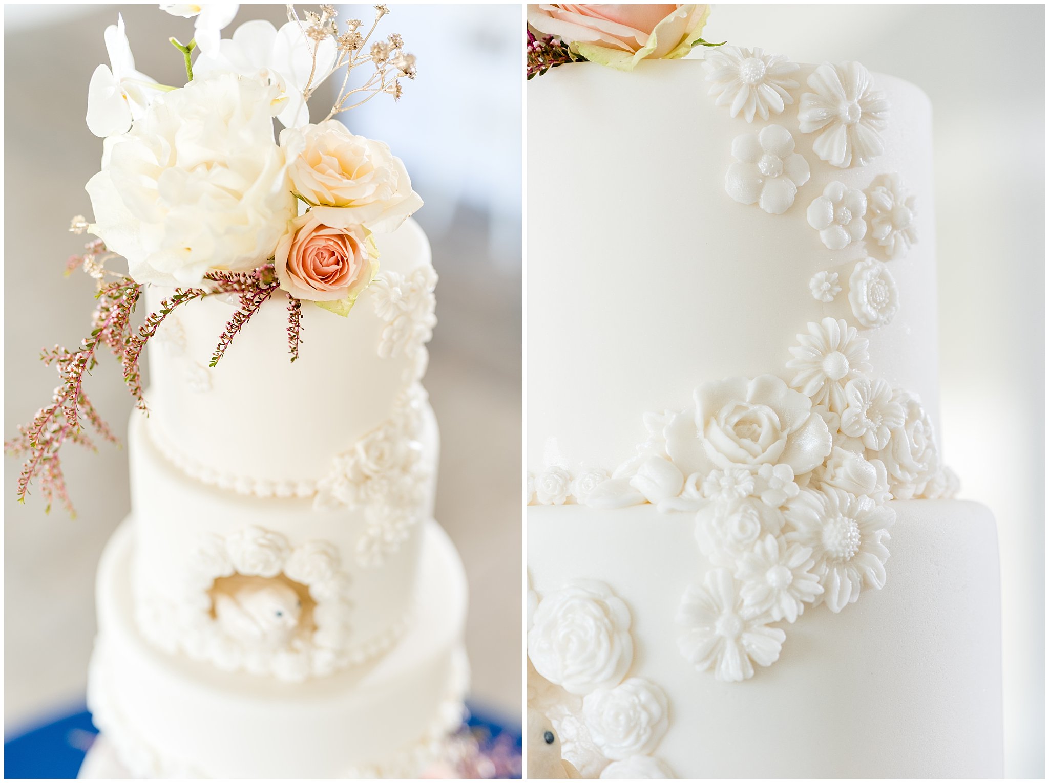Eight tier white elegant wedding cake | gold, navy and white wedding | Detail of birds and flowers | Talia Event Center