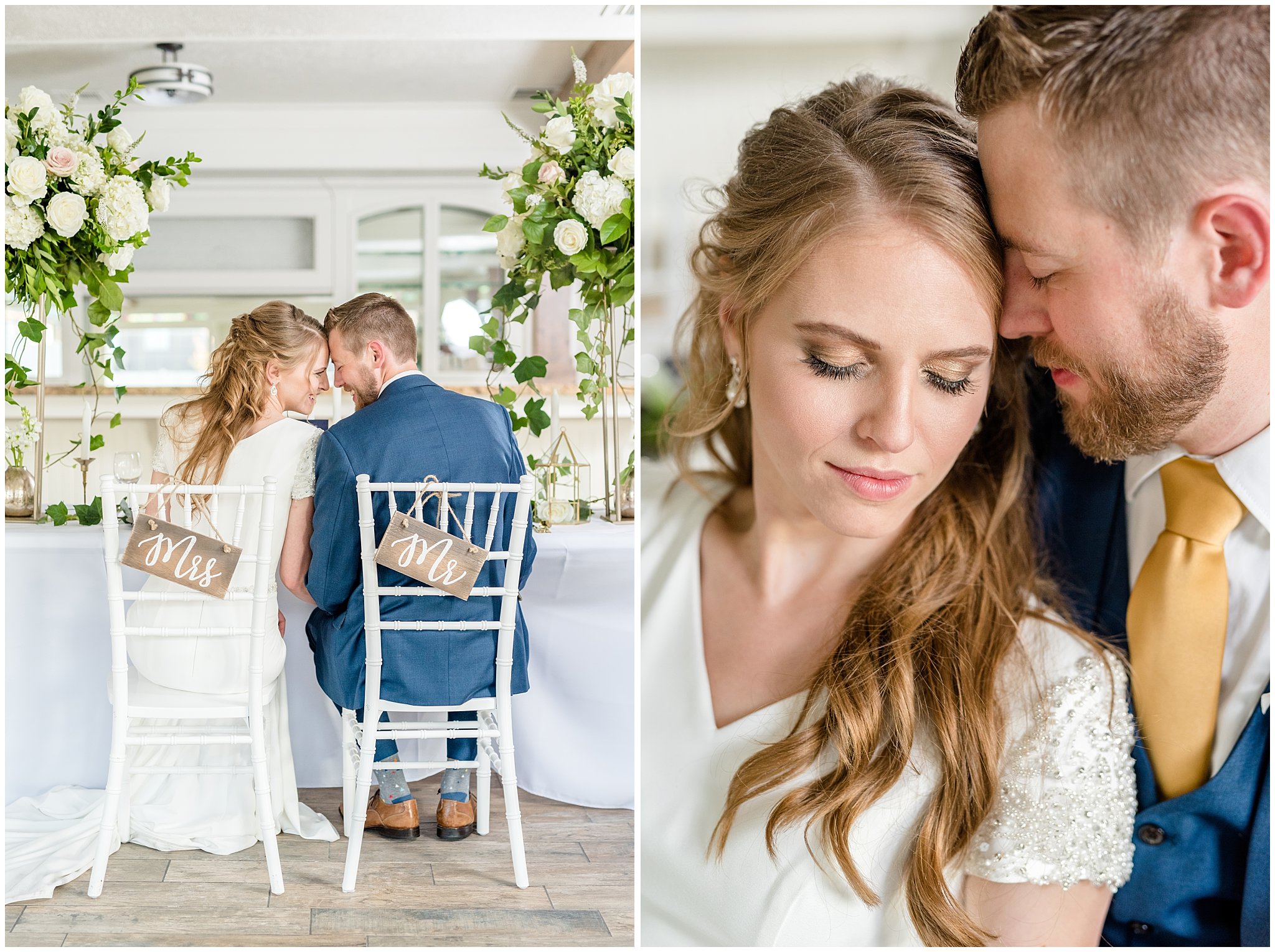 Close up of bride and groom | Bride and groom sitting with bride and groom chair signs | navy, white and gold wedding | Talia Event Center