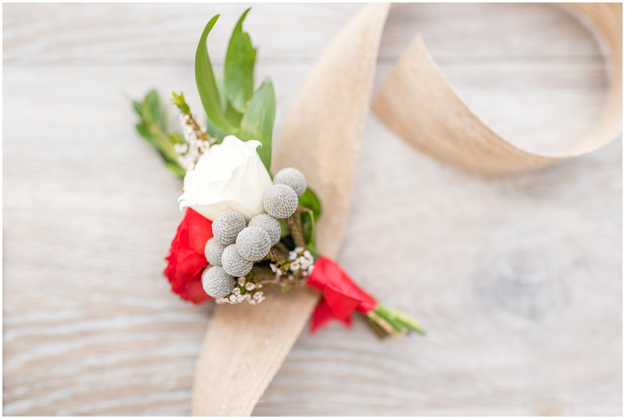 Red and grey boutonniere | Davis County Outdoor Wedding | Jessie and Dallin Photography