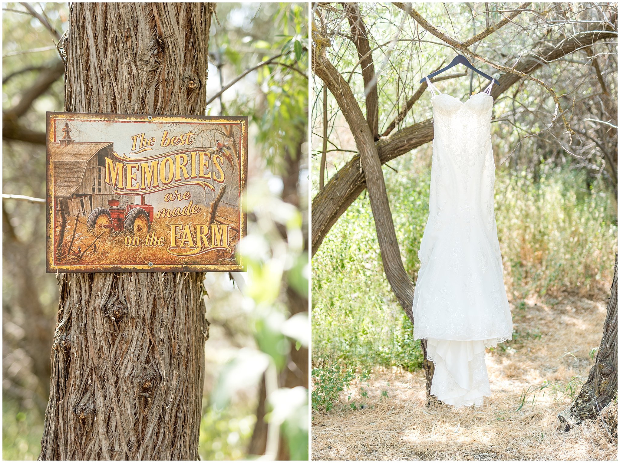Outdoor farm decor and hanging wedding dress | Davis County Outdoor Wedding | Jessie and Dallin Photography