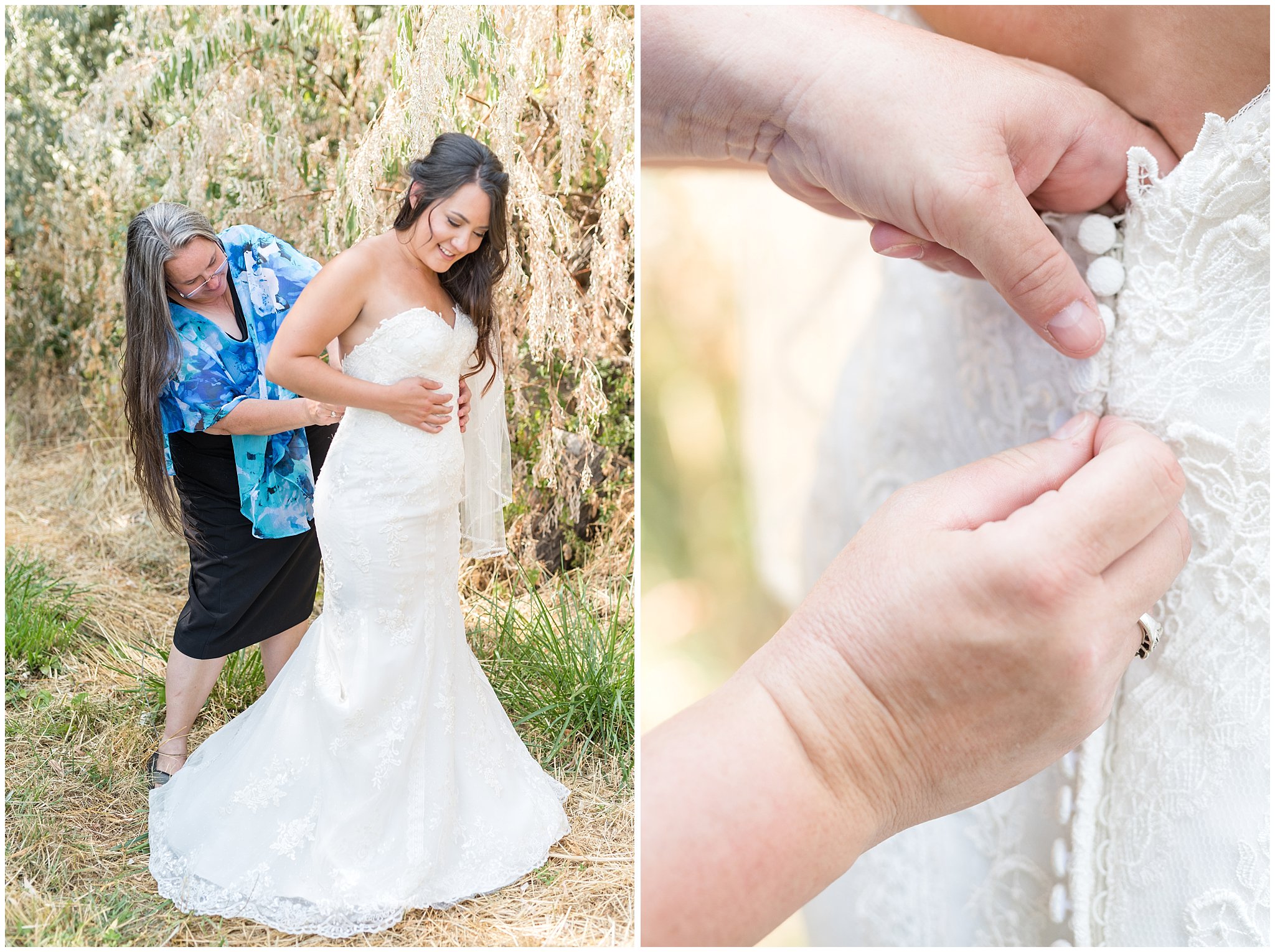 Detail shots and Mother of the Bride buttoning up back of wedding dress | Davis County Outdoor Wedding | Jessie and Dallin Photography