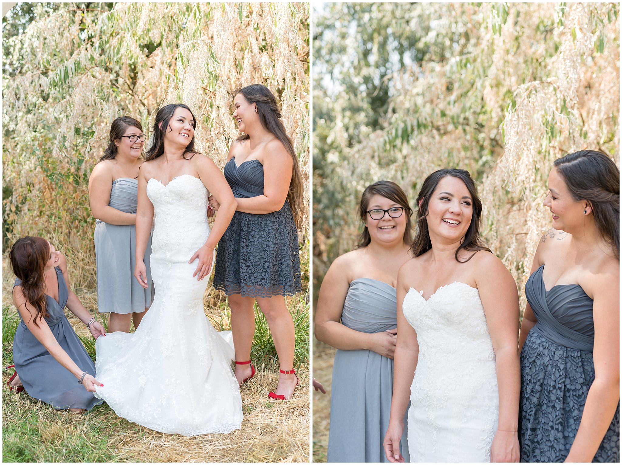 Bridesmaids helping bride get ready and put on her dress | Davis County Outdoor Wedding | Jessie and Dallin Photography