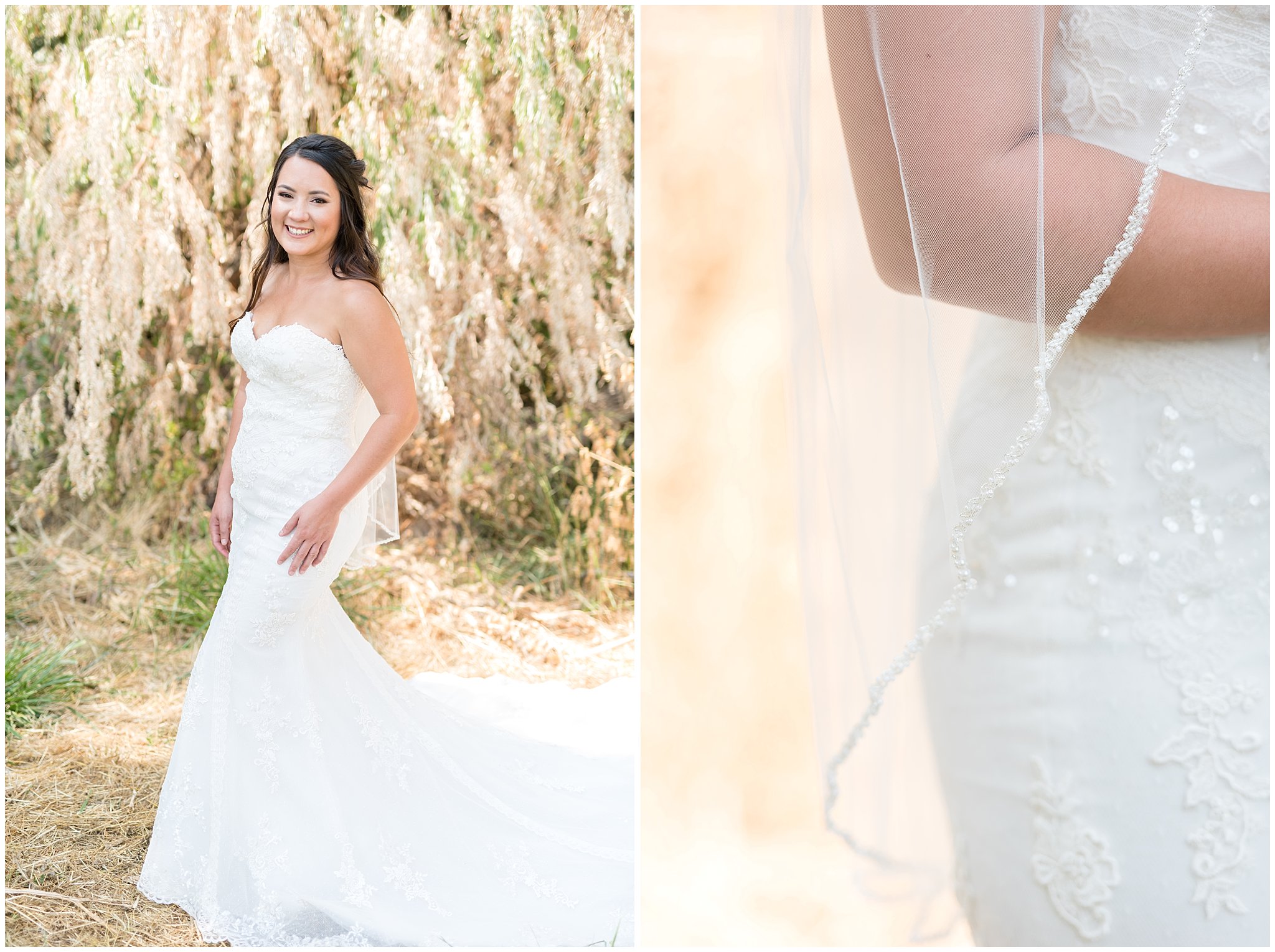 Details of bridal veil and bride smiling at the camera | Davis County Outdoor Wedding | Jessie and Dallin Photography