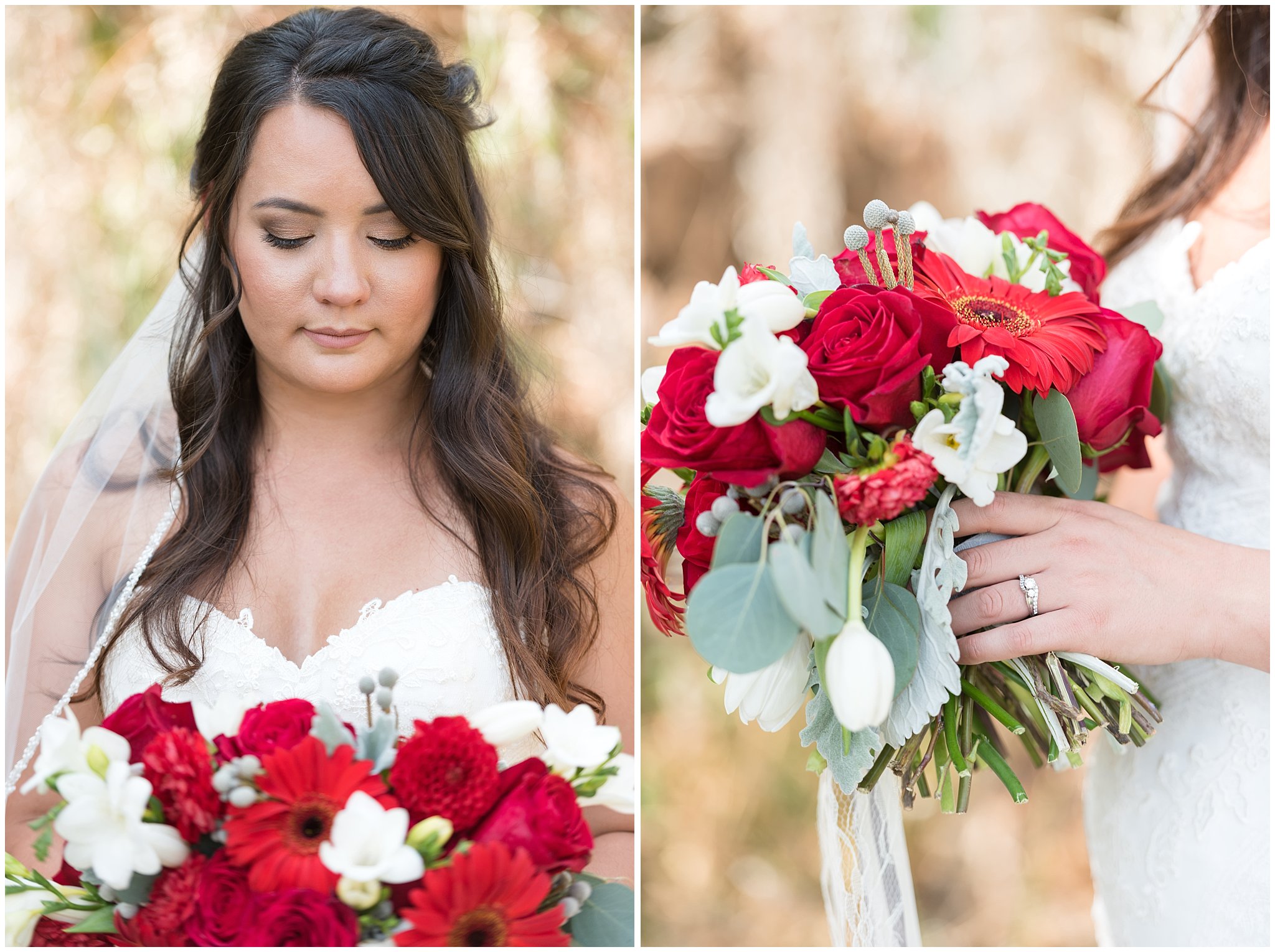 Dancing Daisies Floral | Close up details of red and white bridal bouquet | Davis County Outdoor Wedding | Jessie and Dallin Photography
