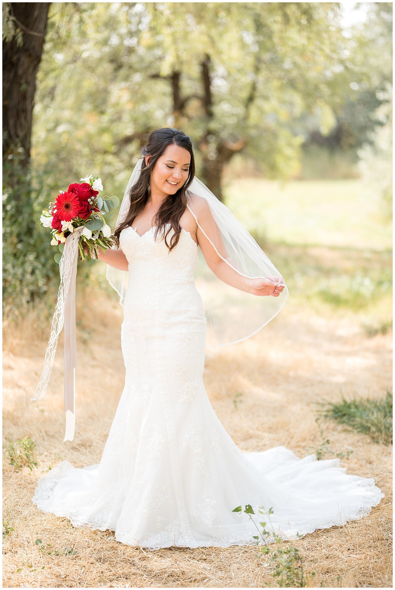 Candid, elegant bridal portrait of bride and her veil | Davis County Outdoor Wedding | Jessie and Dallin Photography