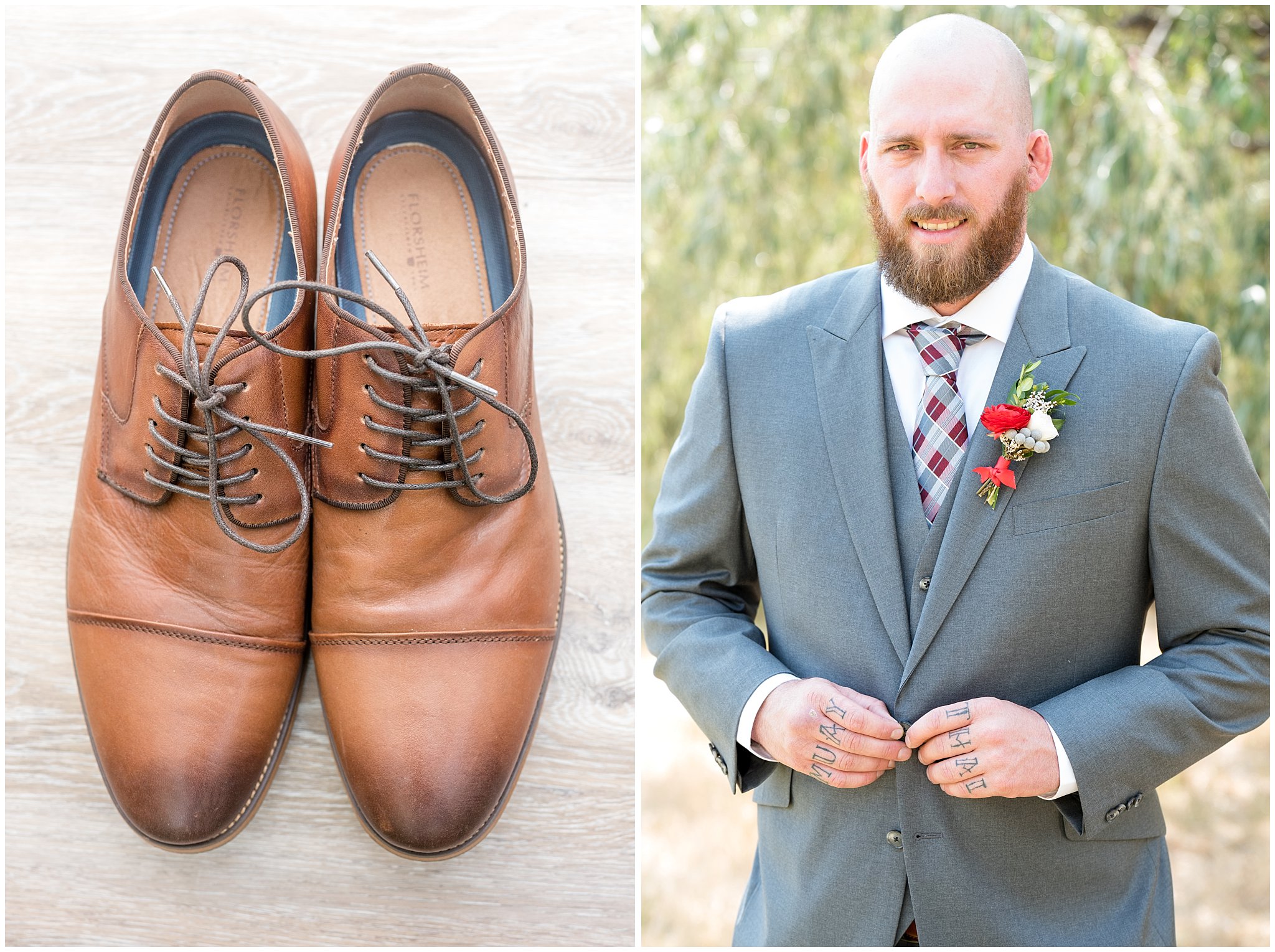 Groom portrait smiling at the camera and close up of brown leather shoes | Davis County Outdoor Wedding | Jessie and Dallin Photography