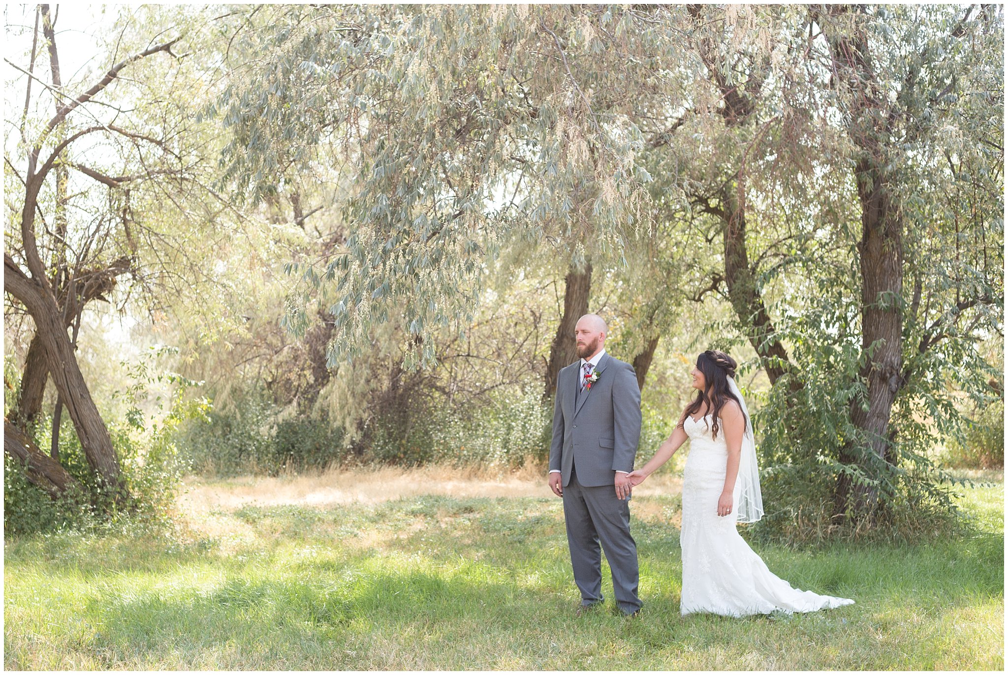Elegant first look in the trees | Davis County Outdoor Wedding | Jessie and Dallin Photography