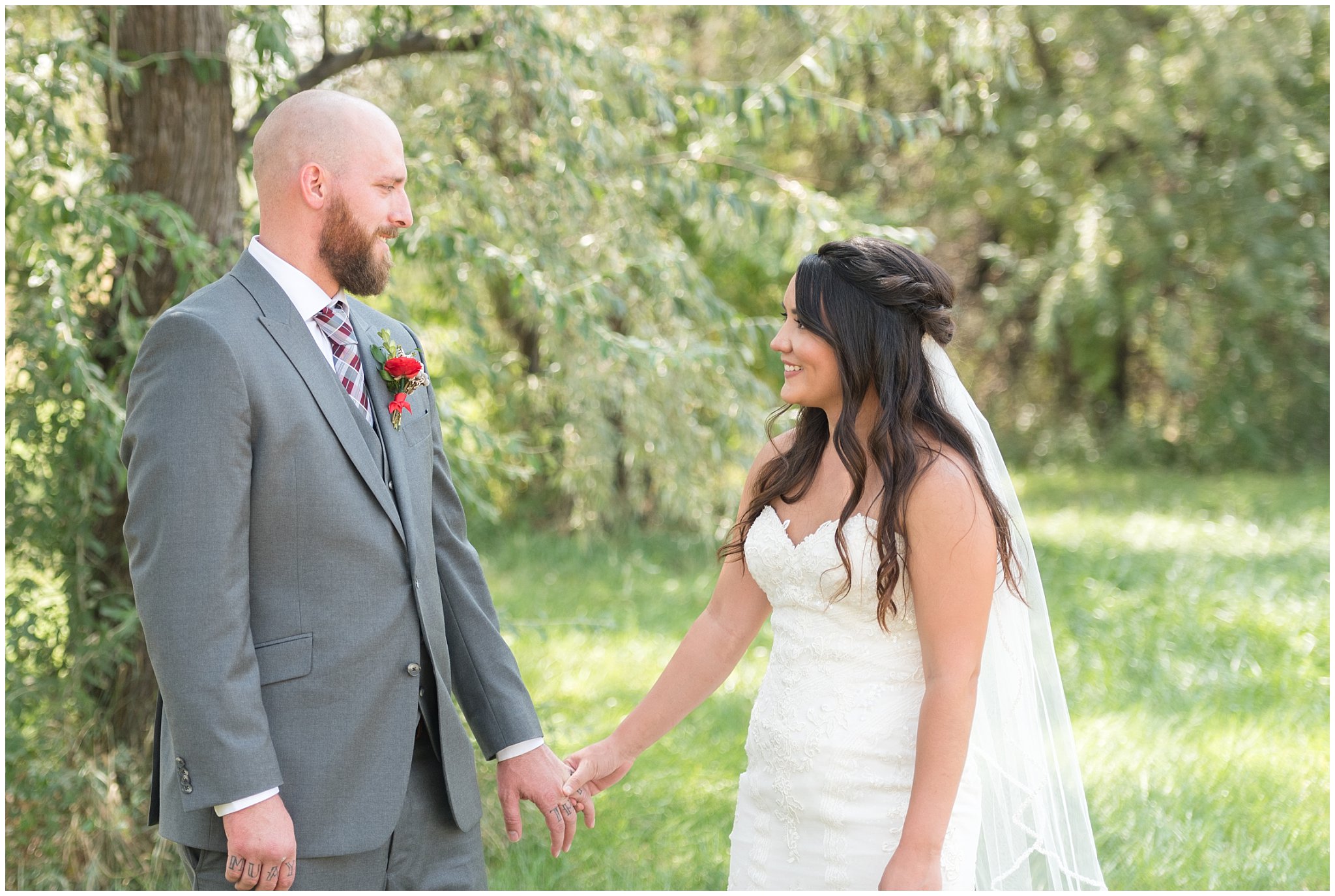 Elegant first look moment in the trees | Davis County Outdoor Wedding | Jessie and Dallin Photography