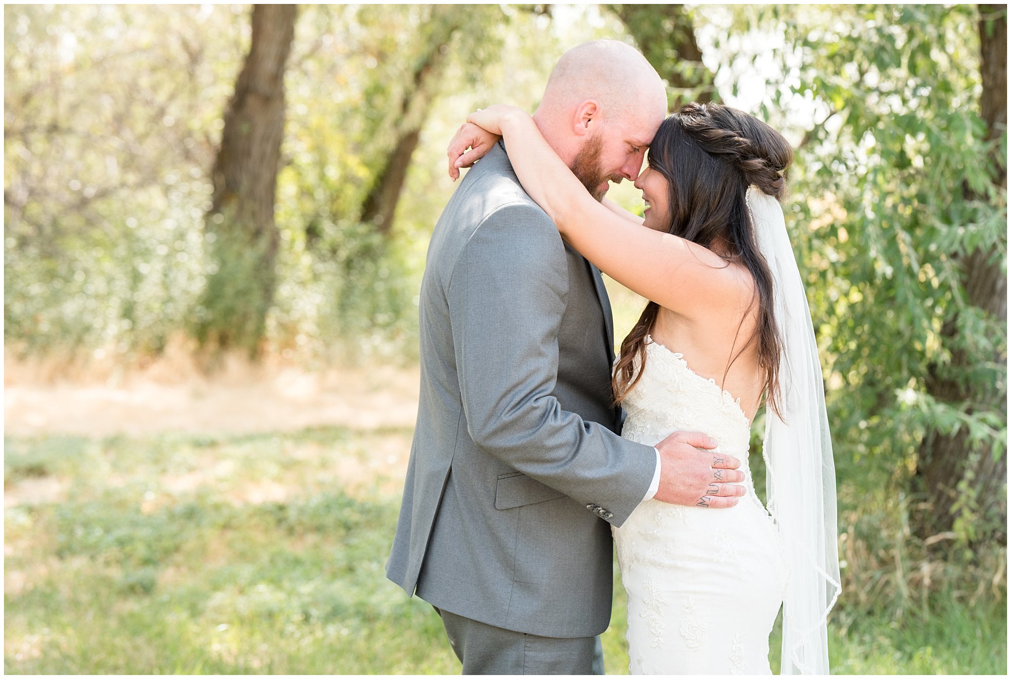 Bride and groom embrace after first look in the trees | Davis County Outdoor Wedding | Jessie and Dallin Photography