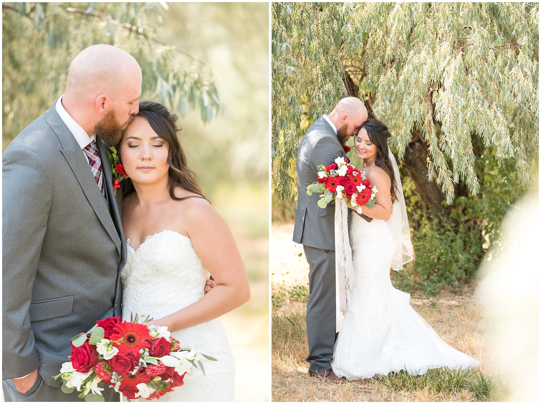 Elegant bride and groom portraits in the trees with red and white bouquet | Davis County Outdoor Wedding | Jessie and Dallin Photography