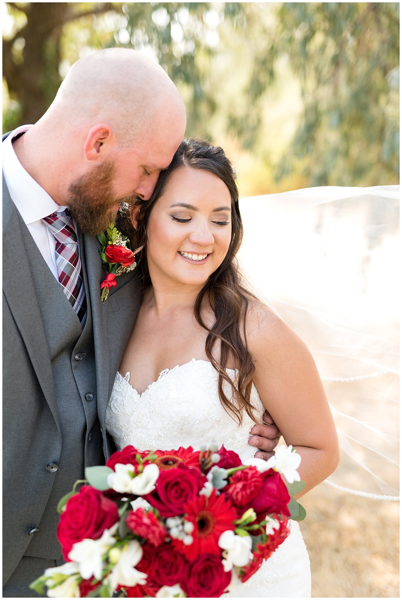 Joyful, elegant bride and groom portrait in the trees | Davis County Outdoor Wedding | Jessie and Dallin Photography