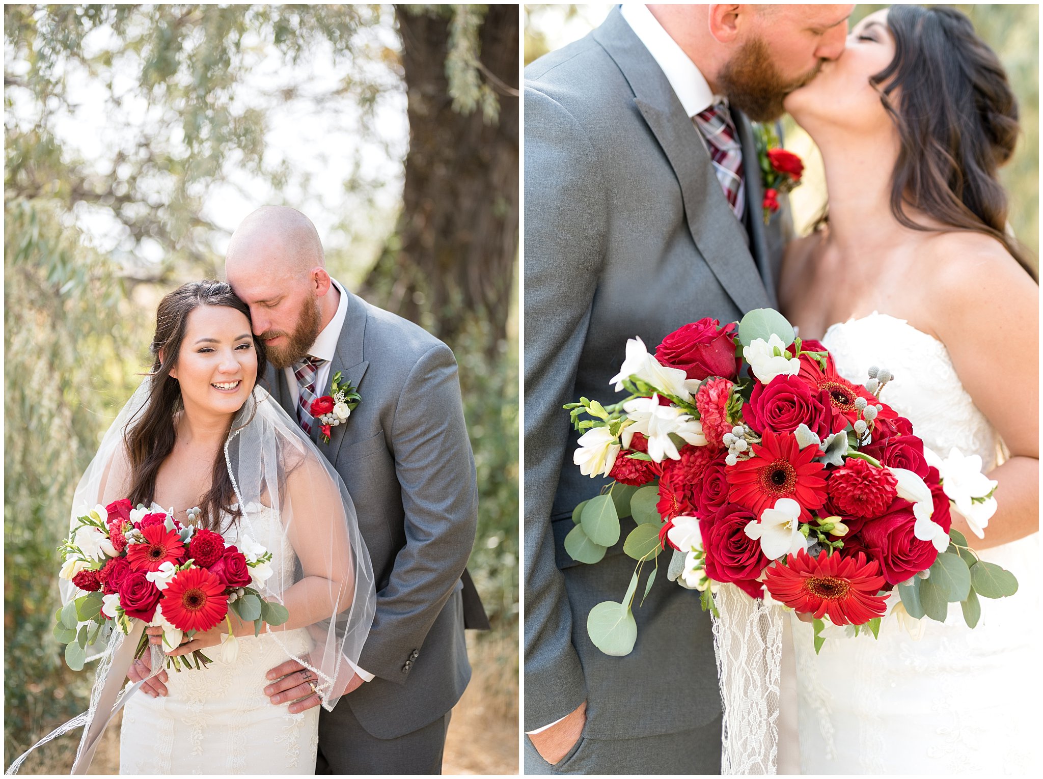 Joyful, elegant bride and groom portrait with detail shots of red and white bouquet | Davis County Outdoor Wedding | Jessie and Dallin Photography
