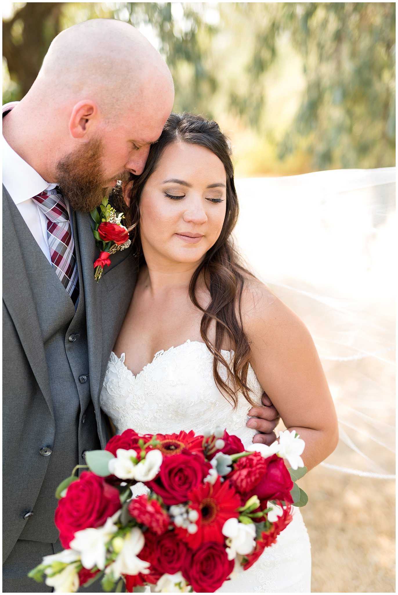 Red and grey wedding | Elegant bride and groom portrait using veil | Davis County Outdoor Wedding | Jessie and Dallin Photography