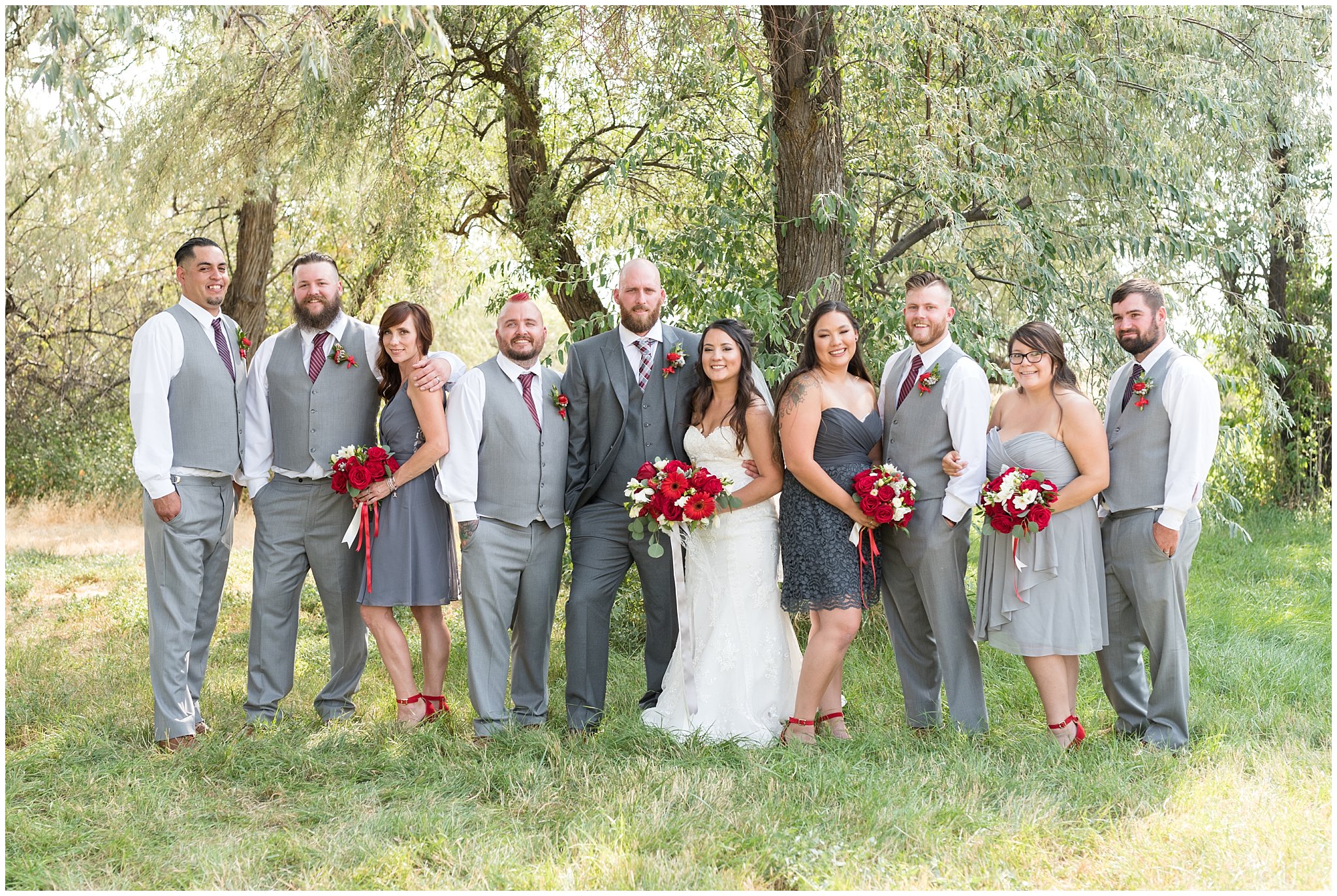 Red and white outdoor wedding bridal party | Davis County Outdoor Wedding | Jessie and Dallin Photography