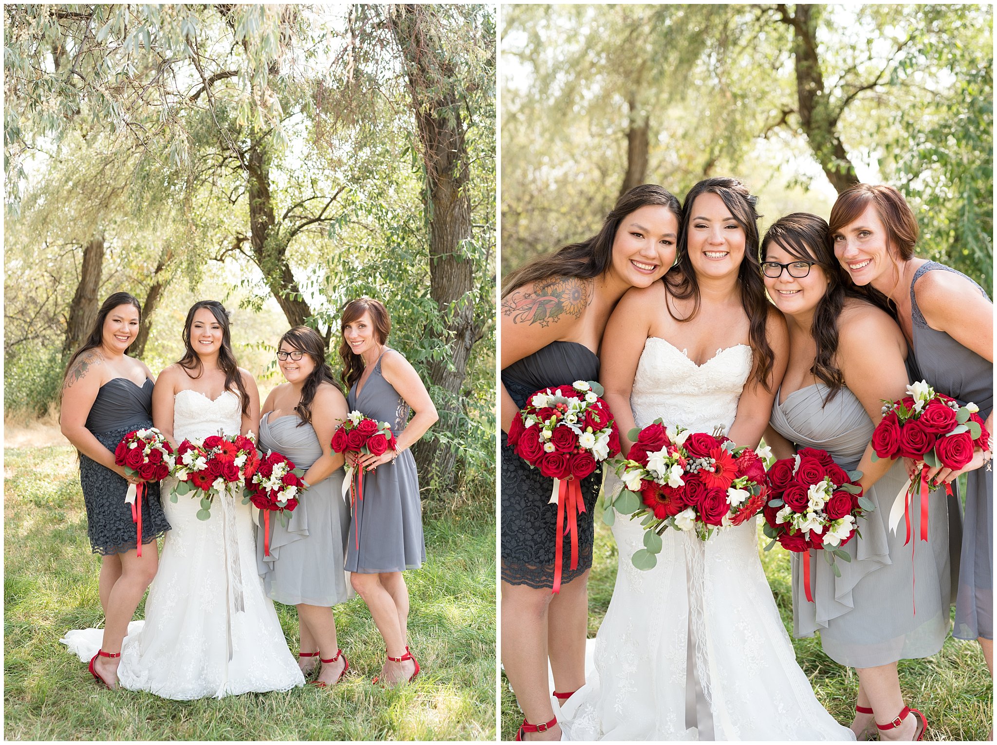 Red and white outdoor wedding | Bride and bridesmaids | Davis County Outdoor Wedding | Jessie and Dallin Photography