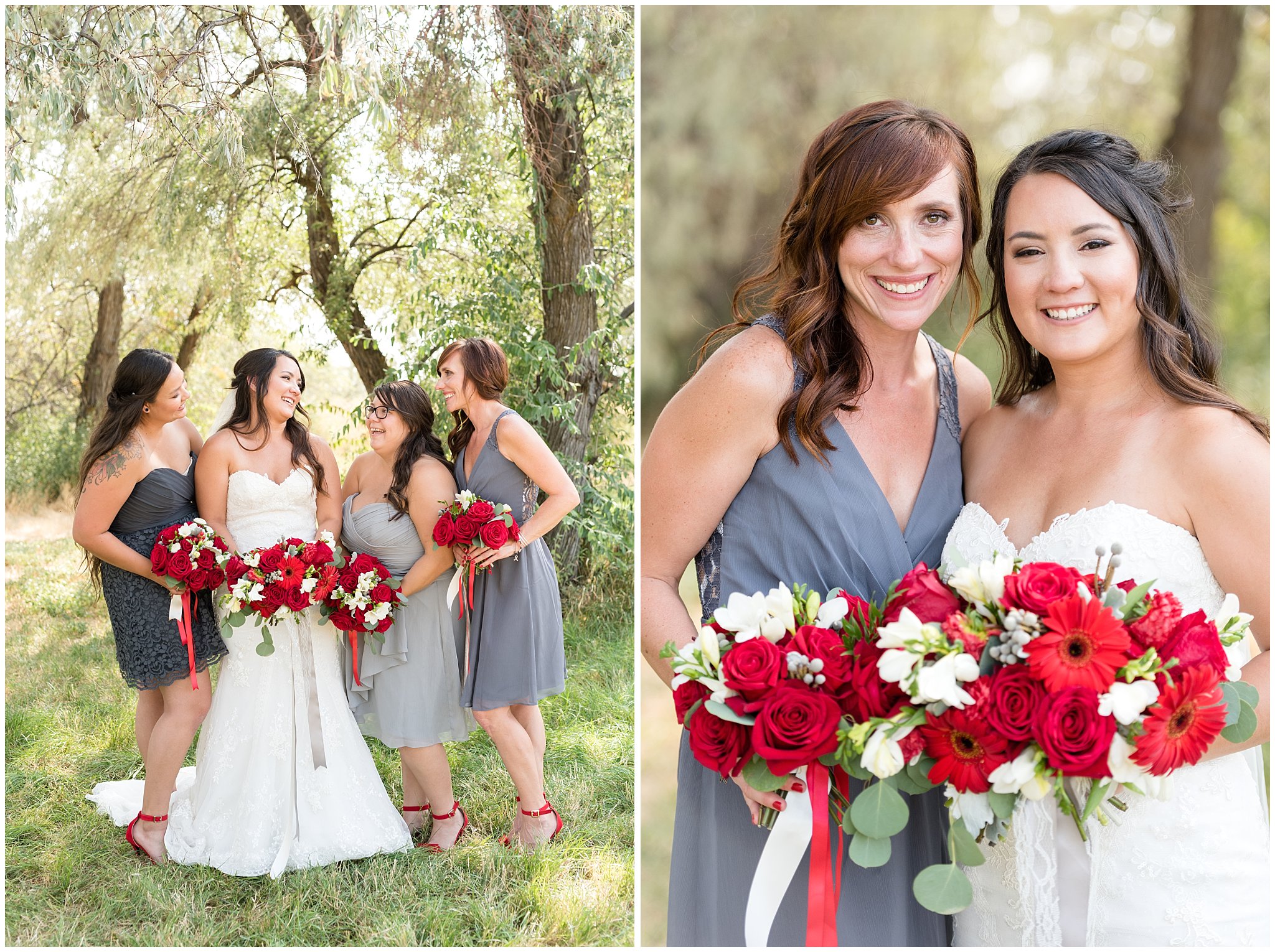Red and white outdoor wedding | Bride and bridesmaids laughing | Davis County Outdoor Wedding | Jessie and Dallin Photography