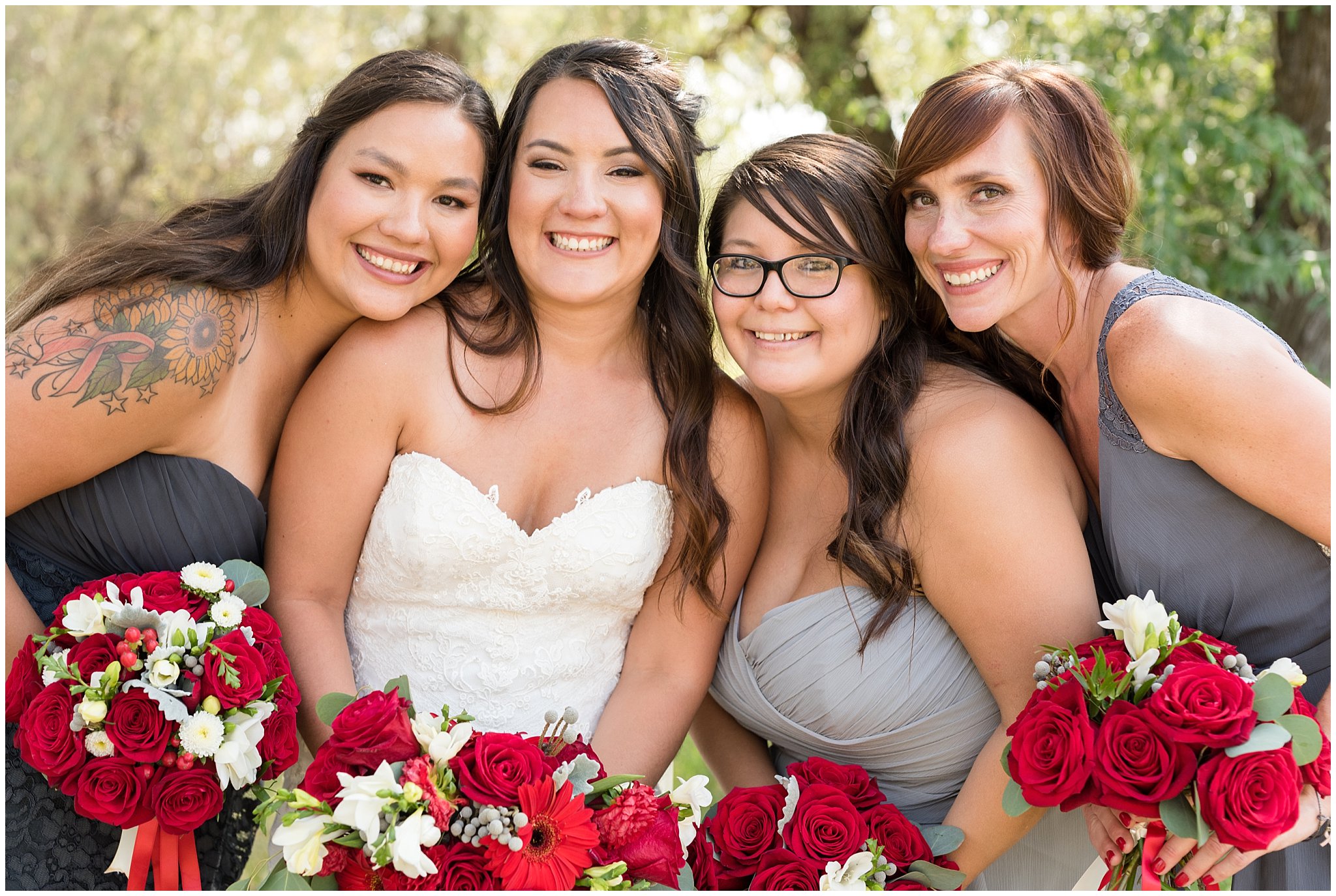 Red and white outdoor wedding | Bride and bridesmaids happy and smiling | Davis County Outdoor Wedding | Jessie and Dallin Photography