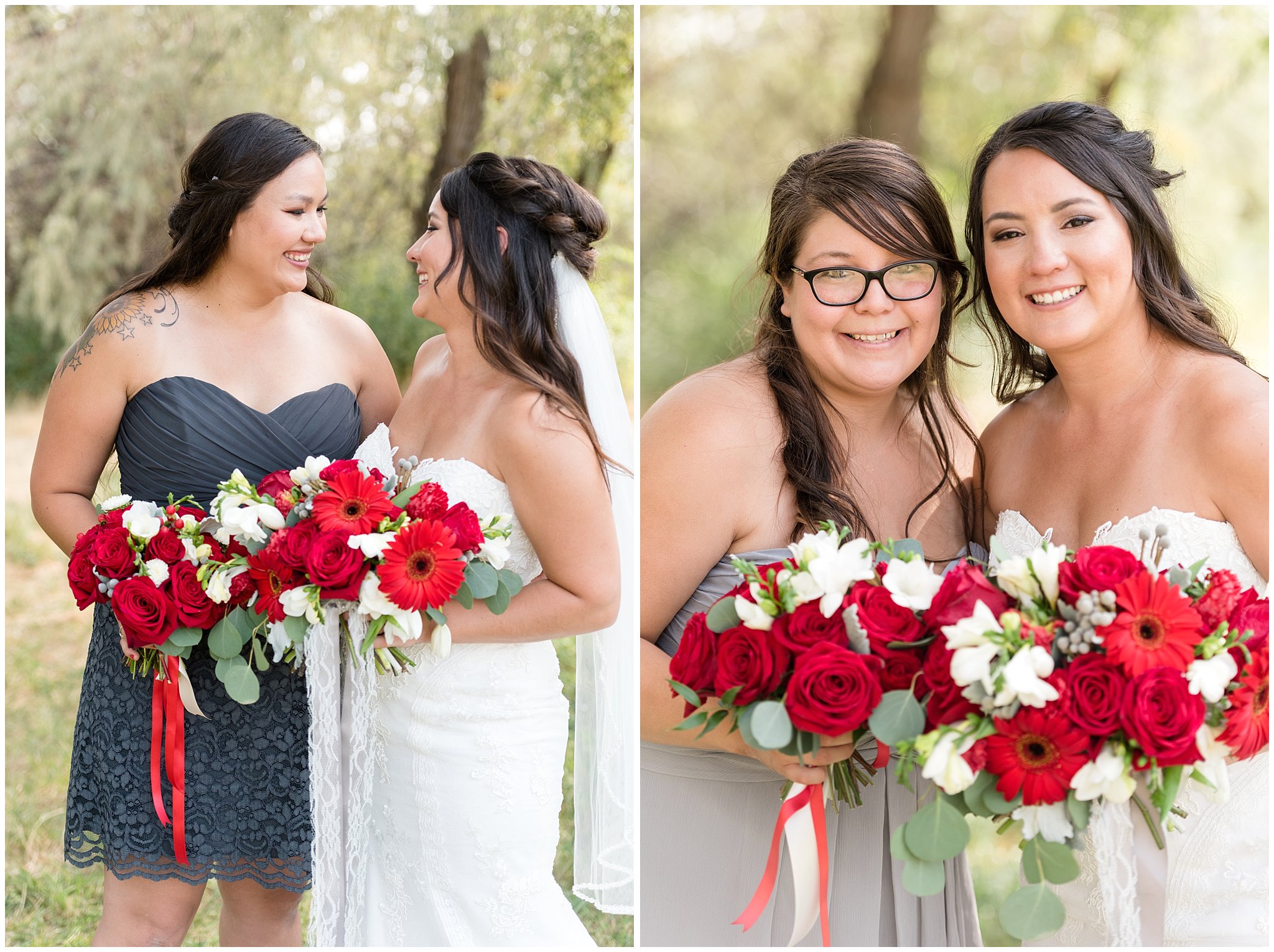 Red and white outdoor wedding | Bride with individual bridesmaids | Davis County Outdoor Wedding | Jessie and Dallin Photography