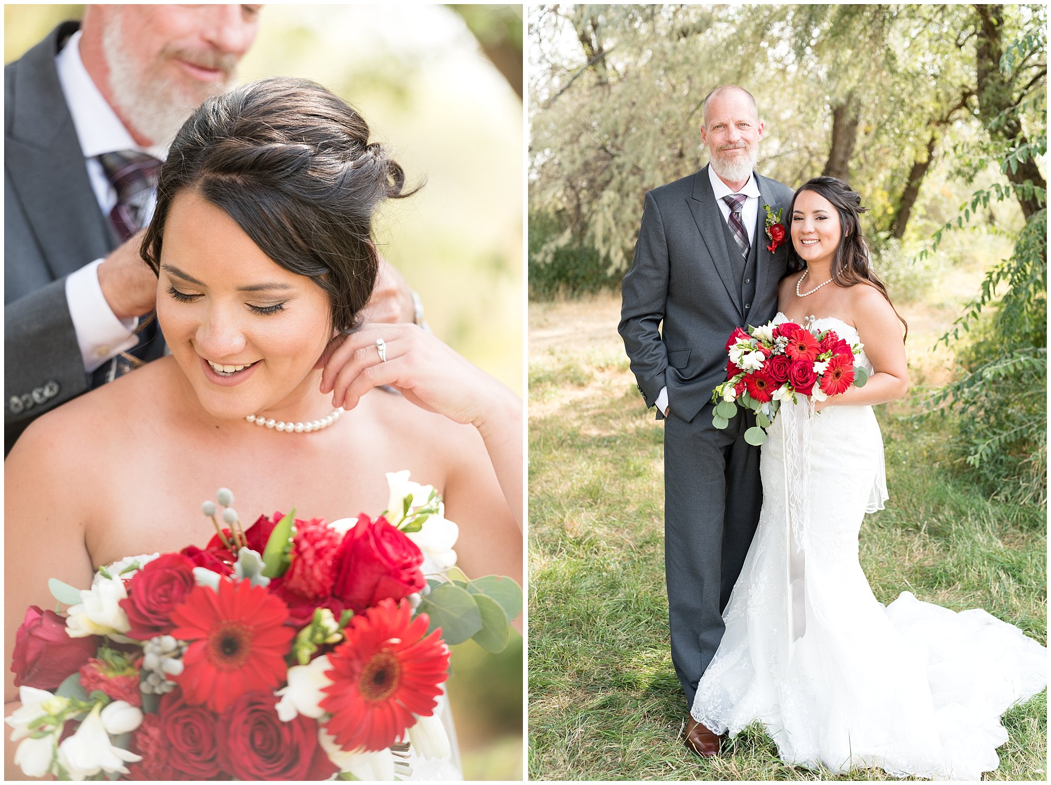 Bride with father putting on family heirloom | Davis County Outdoor Wedding | Jessie and Dallin Photography