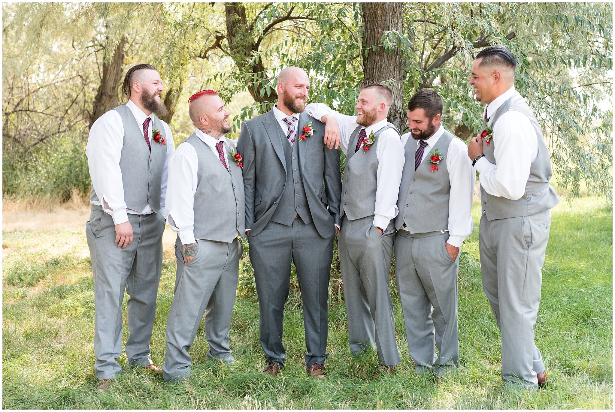 Groom and groomsmen laughing candidly | Davis County Outdoor Wedding | Jessie and Dallin Photography