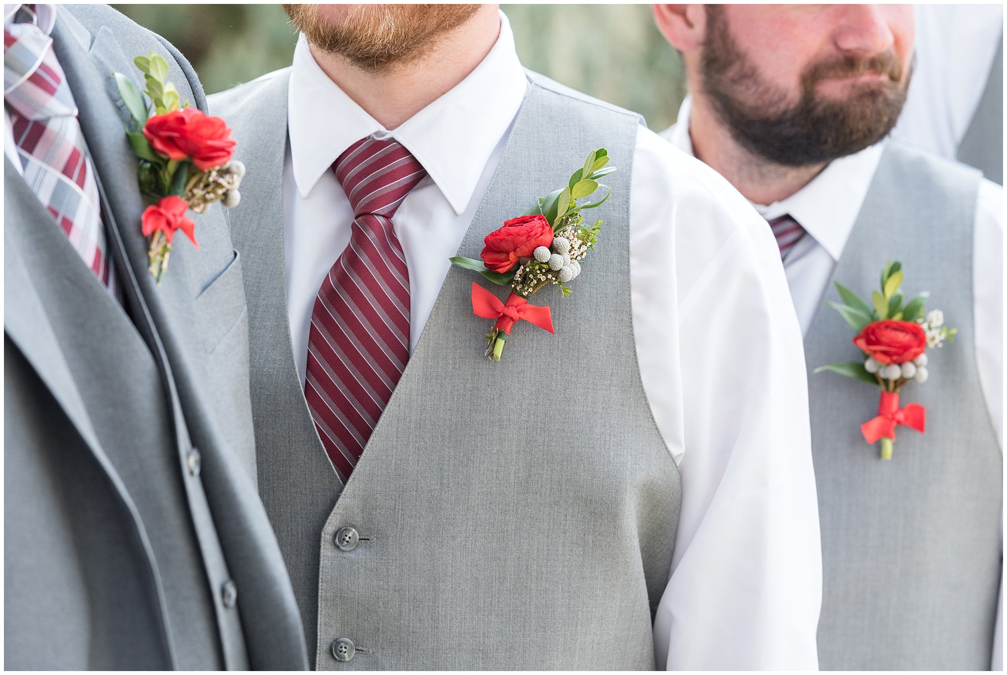 Dancing Daisies Floral | Close up detail of Groom and groomsmen boutonnieres | Davis County Outdoor Wedding | Jessie and Dallin Photography