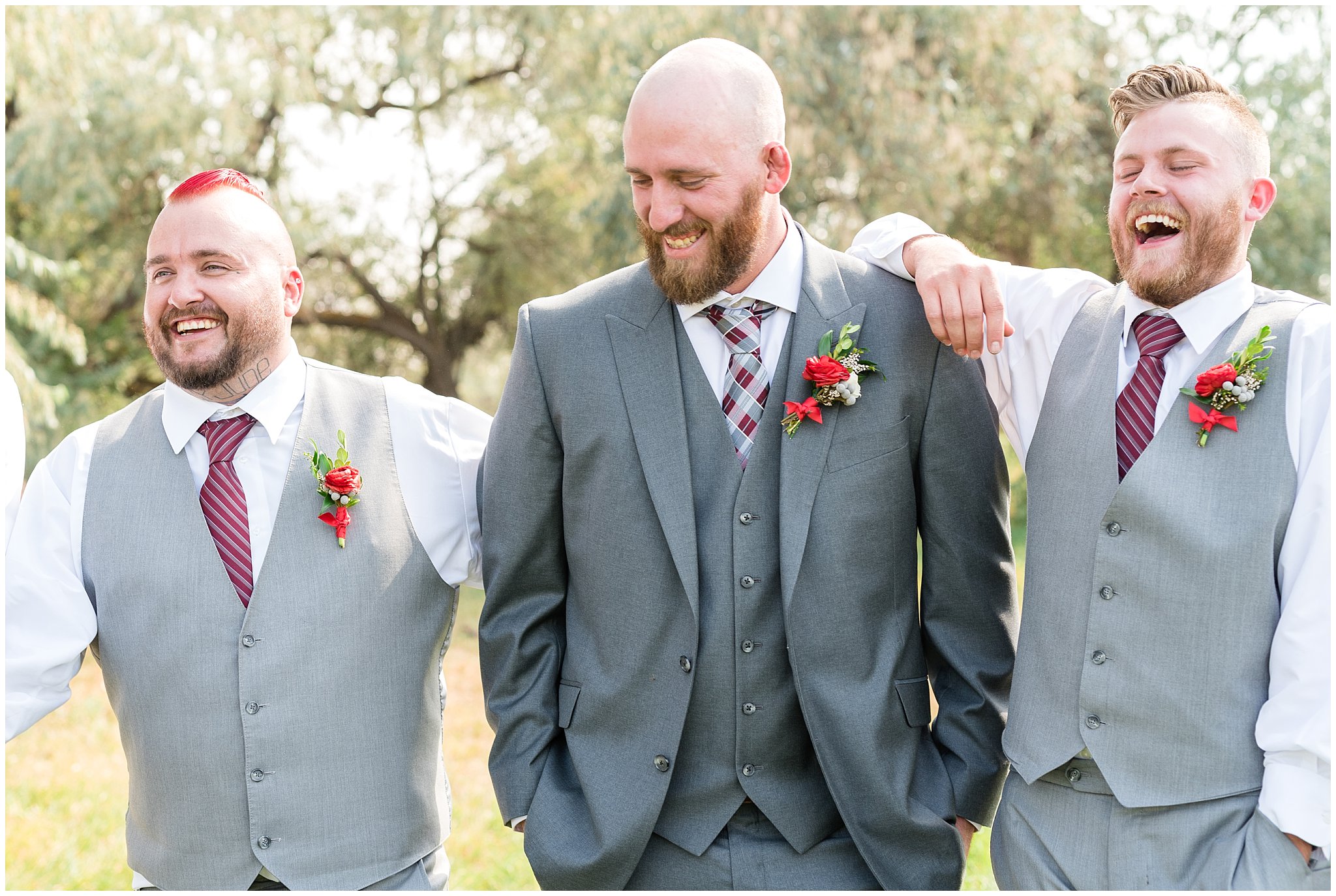 Groom and groomsmen in grey suits laughing candidly and walking | Davis County Outdoor Wedding | Jessie and Dallin Photography
